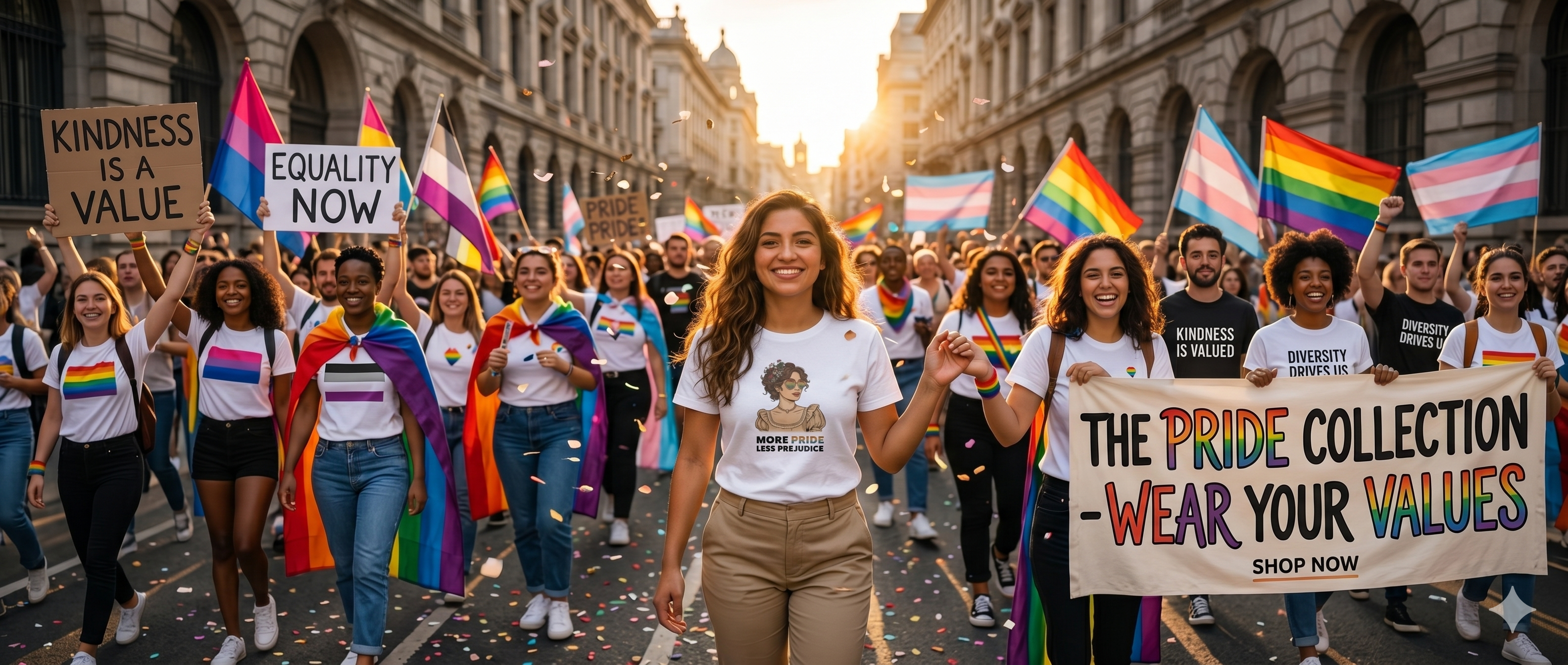 A vibrant Pride parade banner for Wear Your Values Shop featuring a diverse crowd of people celebrating, holding rainbow flags and banners, with a central woman wearing a More Pride Less Prejudice t-shirt.