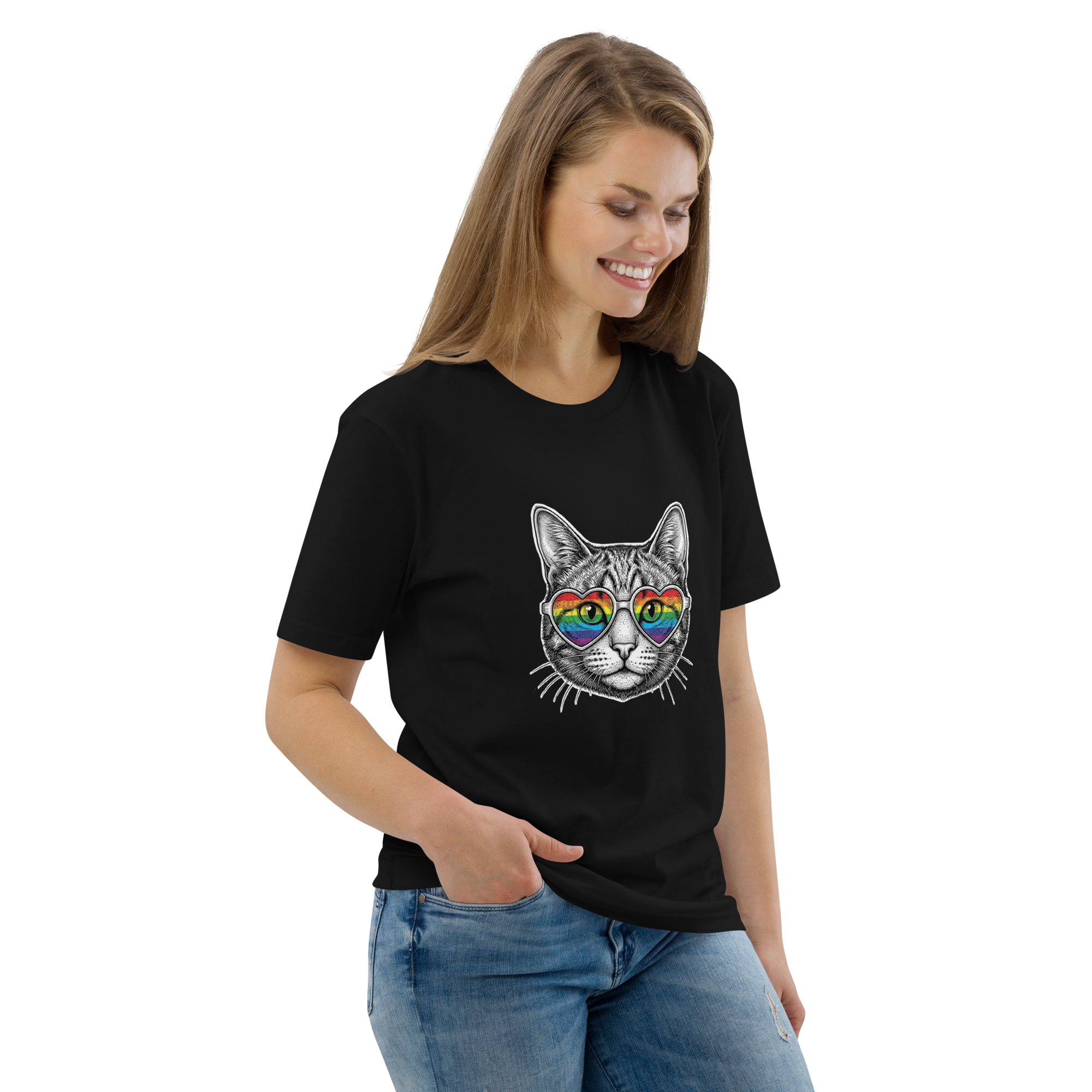 Pride Rainbow Heart Sunglasses Cat Organic Cotton T-Shirt