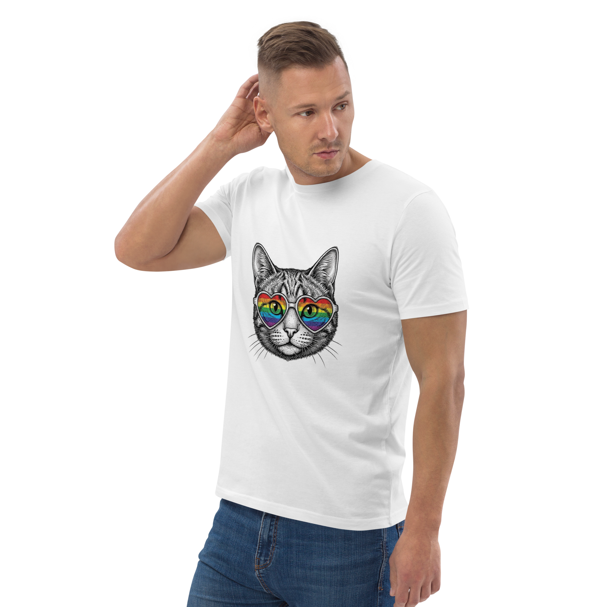 Pride Rainbow Heart Sunglasses Cat Organic Cotton T-Shirt