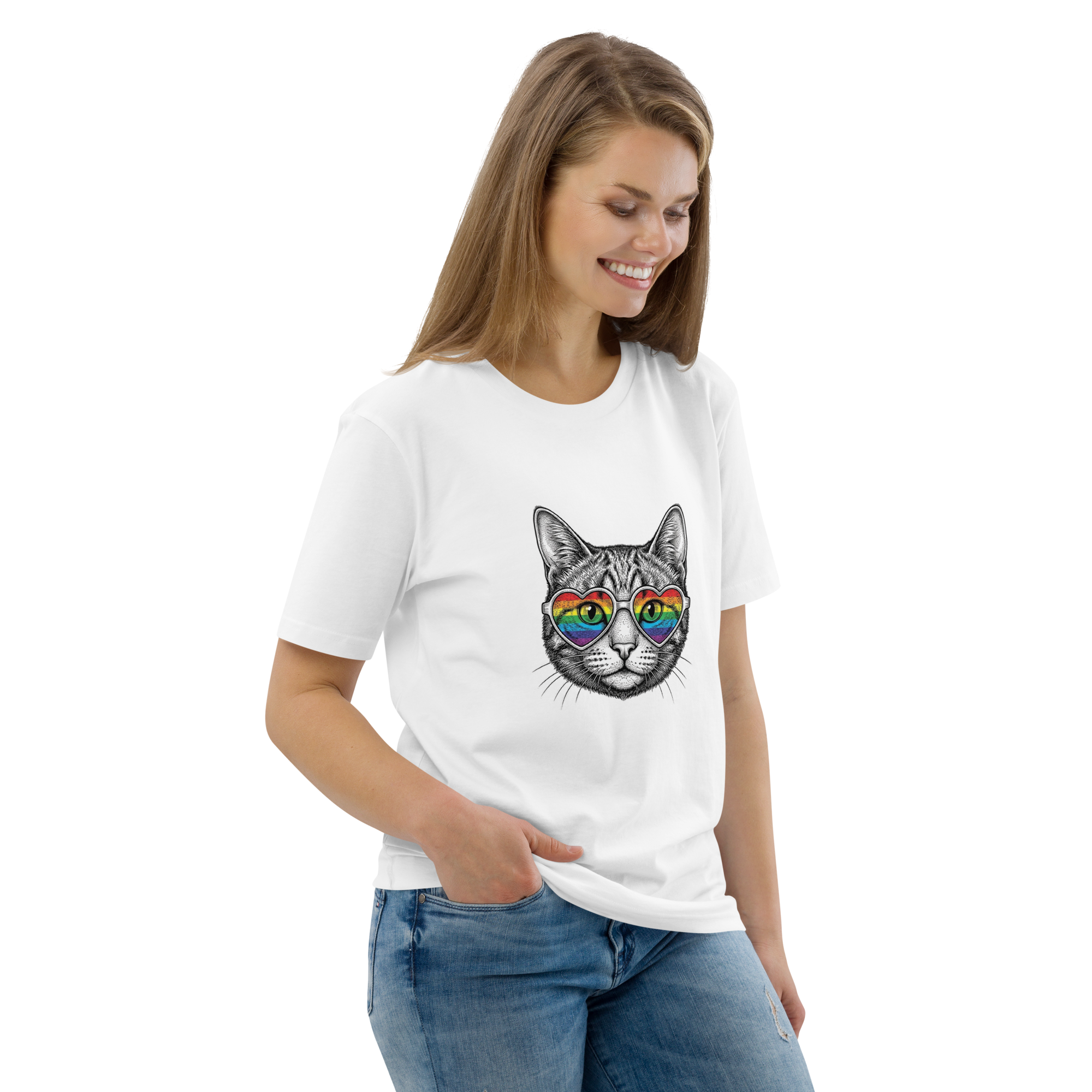 Pride Rainbow Heart Sunglasses Cat Organic Cotton T-Shirt
