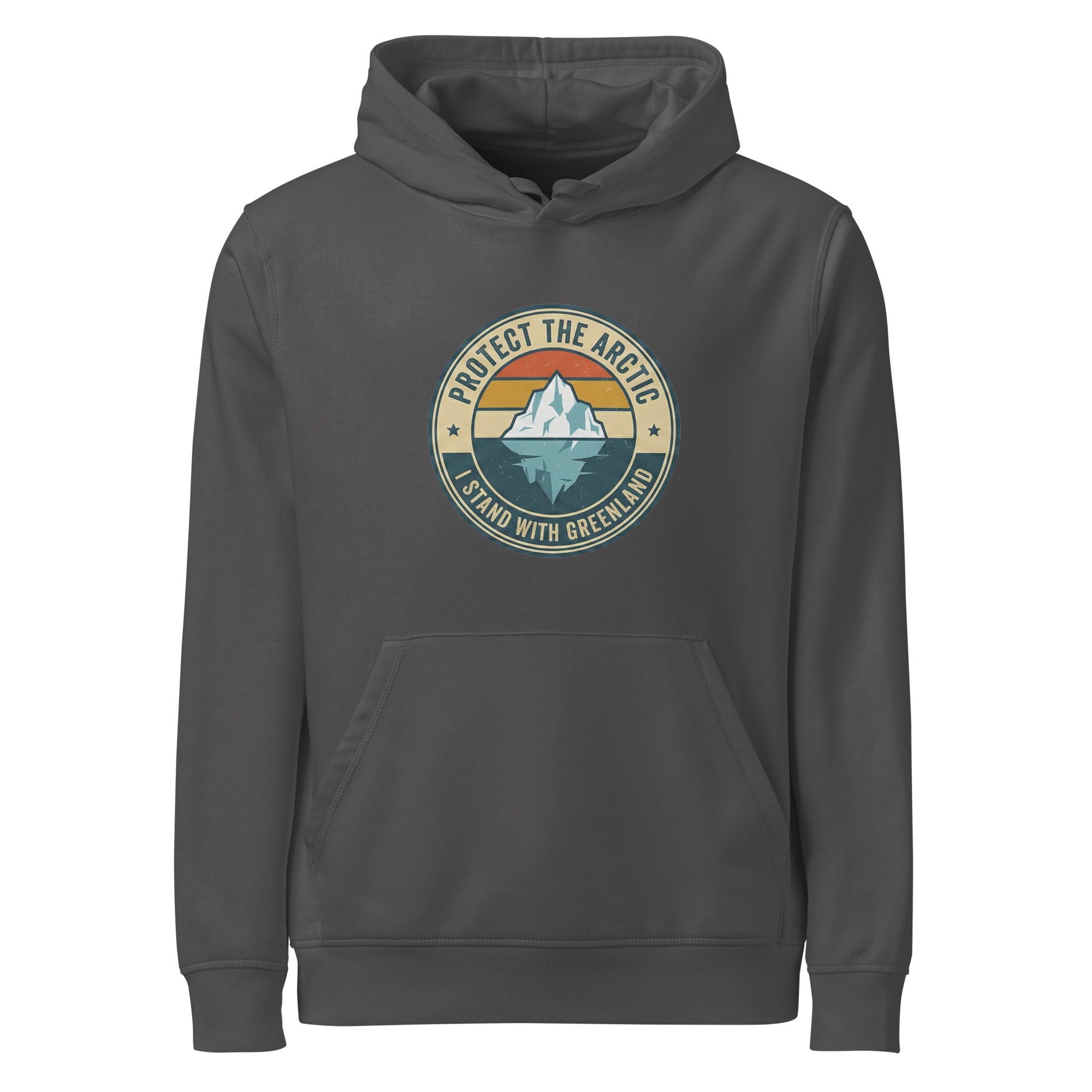 A front-facing flat lay of an anthracite grey hoodie with the "Protect the Arctic" iceberg graphic centered on the chest, including a front kangaroo pocket and drawstring hood.
