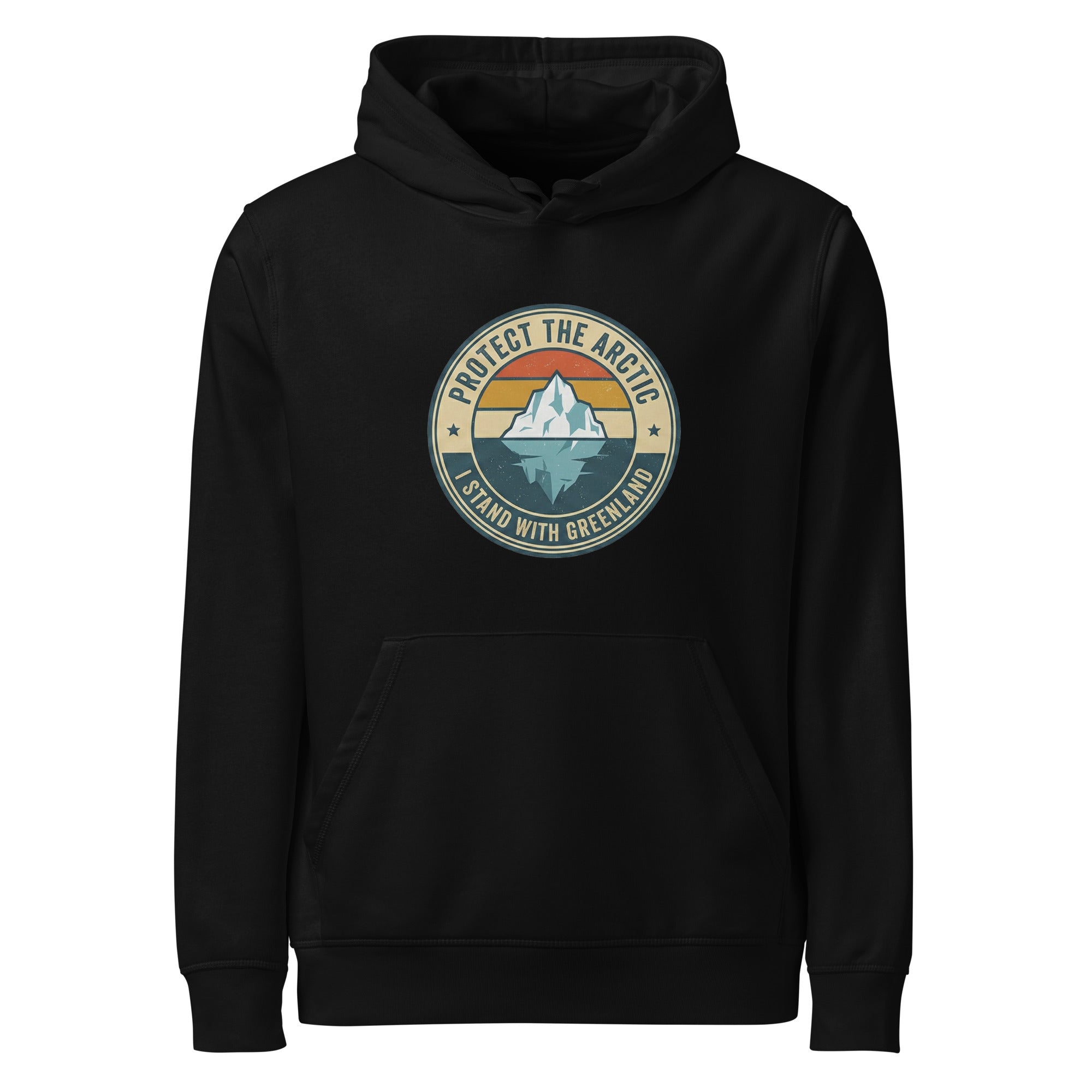 A front-facing flat lay of an black hoodie with the "Protect the Arctic" iceberg graphic centered on the chest, including a front kangaroo pocket and drawstring hood.