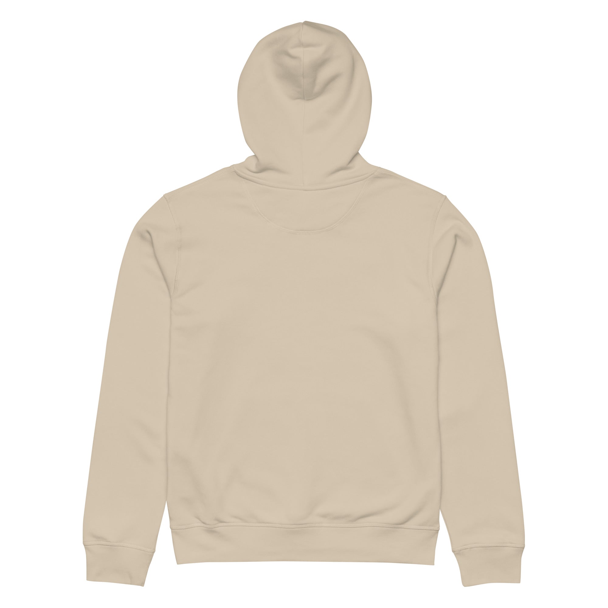 The back view of a person with light brown hair wearing a plain, sand-colored (desert dust) long-sleeved hoodie.