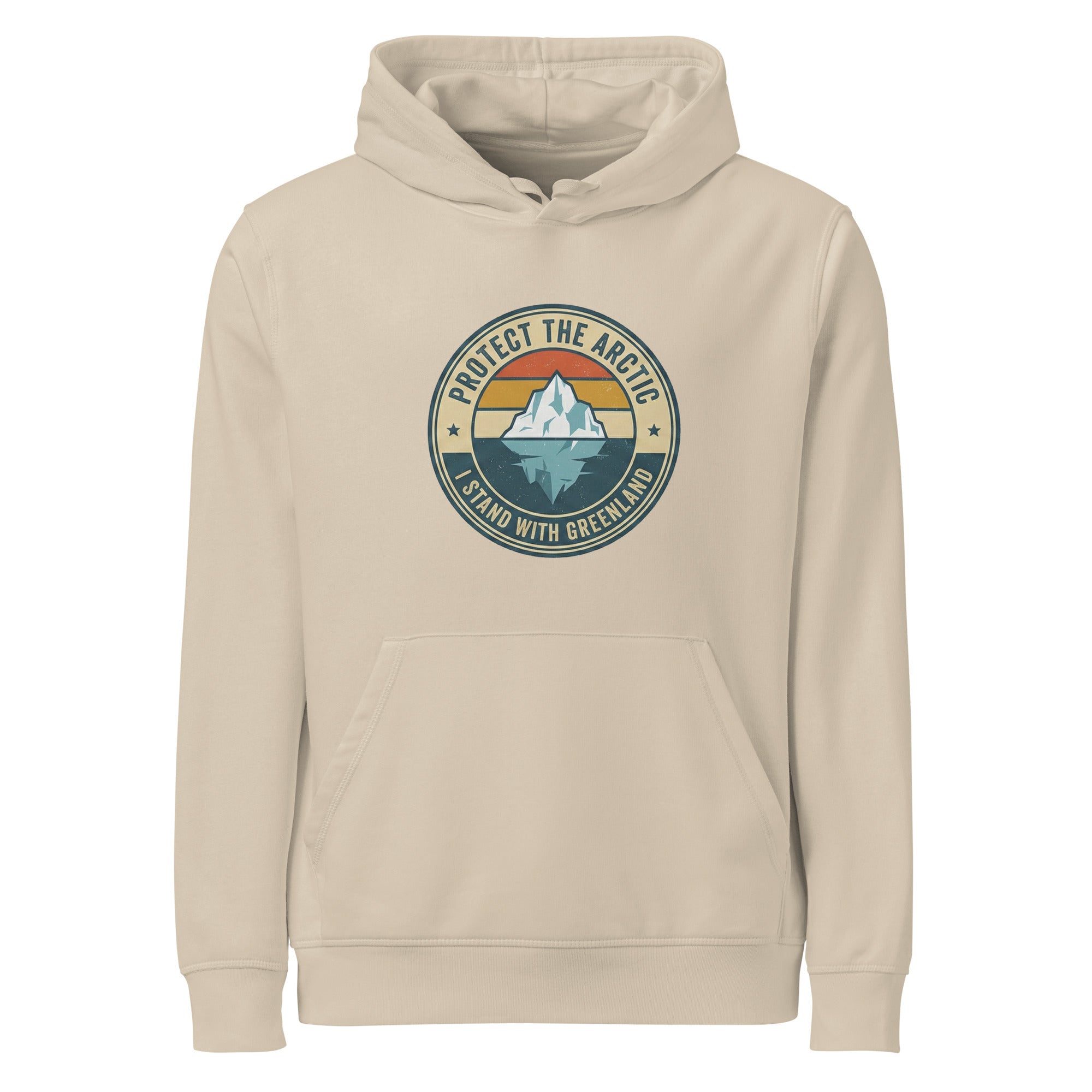 A front-facing flat lay of an beige hoodie with the "Protect the Arctic" iceberg graphic centered on the chest, including a front kangaroo pocket and drawstring hood.