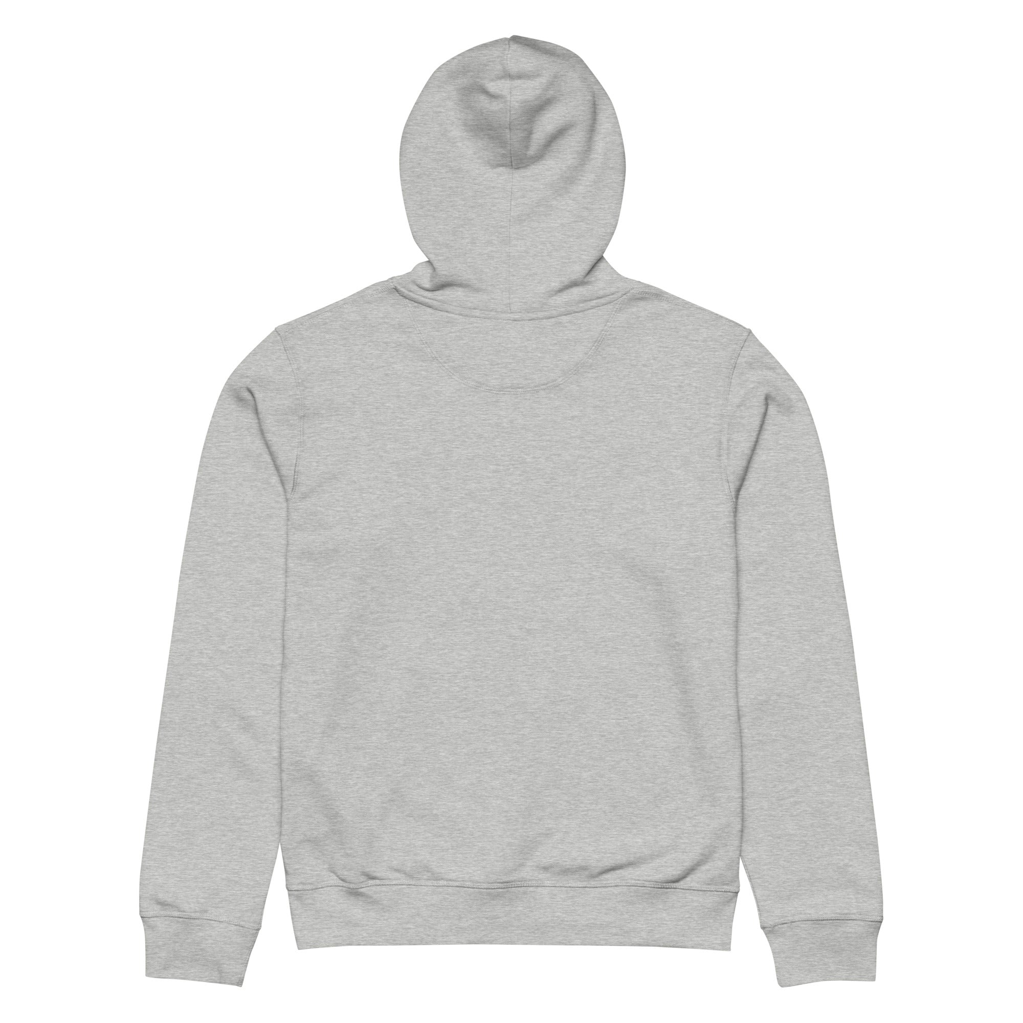 The back view of a light heather grey unisex hoodie laid flat against a white background. It shows a clean, plain design with a standard hood, set-in sleeves, and a ribbed waistband and cuffs.