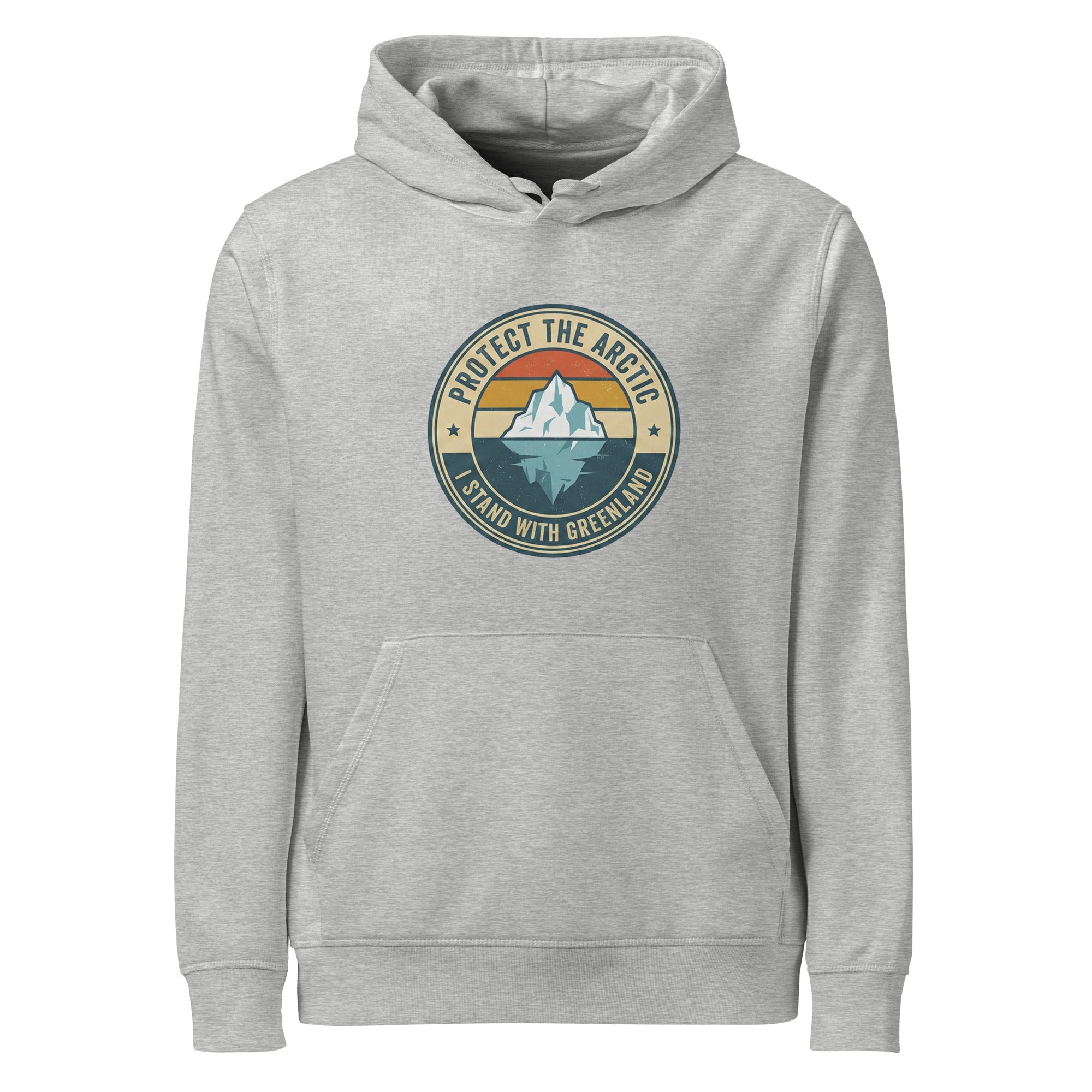 A front-facing flat lay of an heather grey hoodie with the "Protect the Arctic" iceberg graphic centered on the chest, including a front kangaroo pocket and drawstring hood.