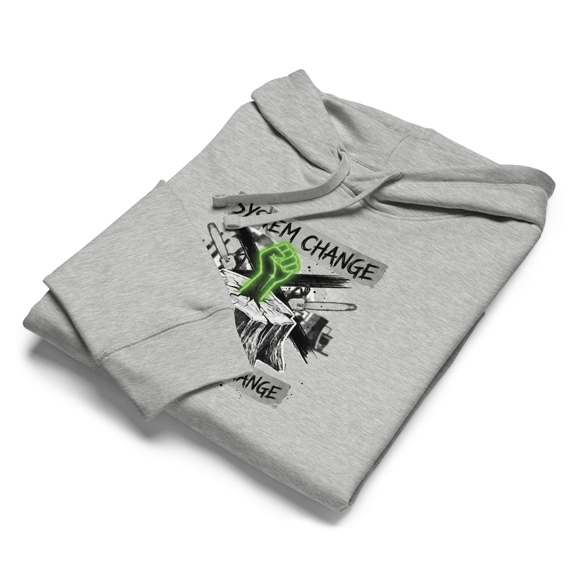A close-up, angled shot of the heather grey hoodie folded neatly on a white surface. The focus is on the vibrant neon green fist detail and the distressed texture of the printed graphic.