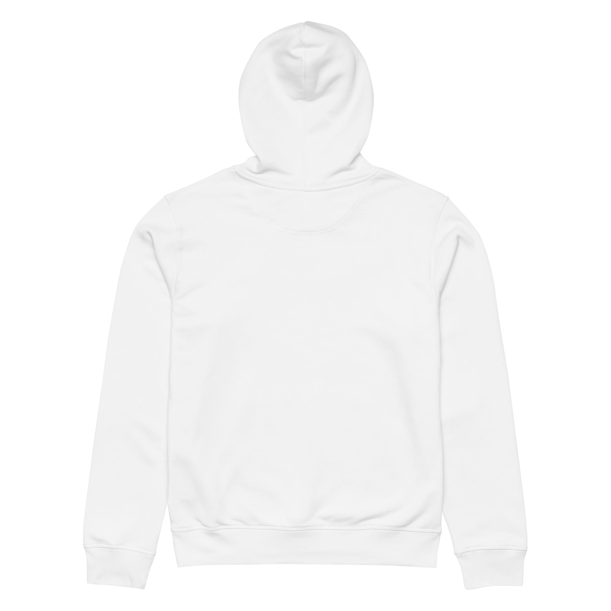 The back view of a person with curly hair wearing a plain white long-sleeved hoodie and light blue jeans, standing against a white background.