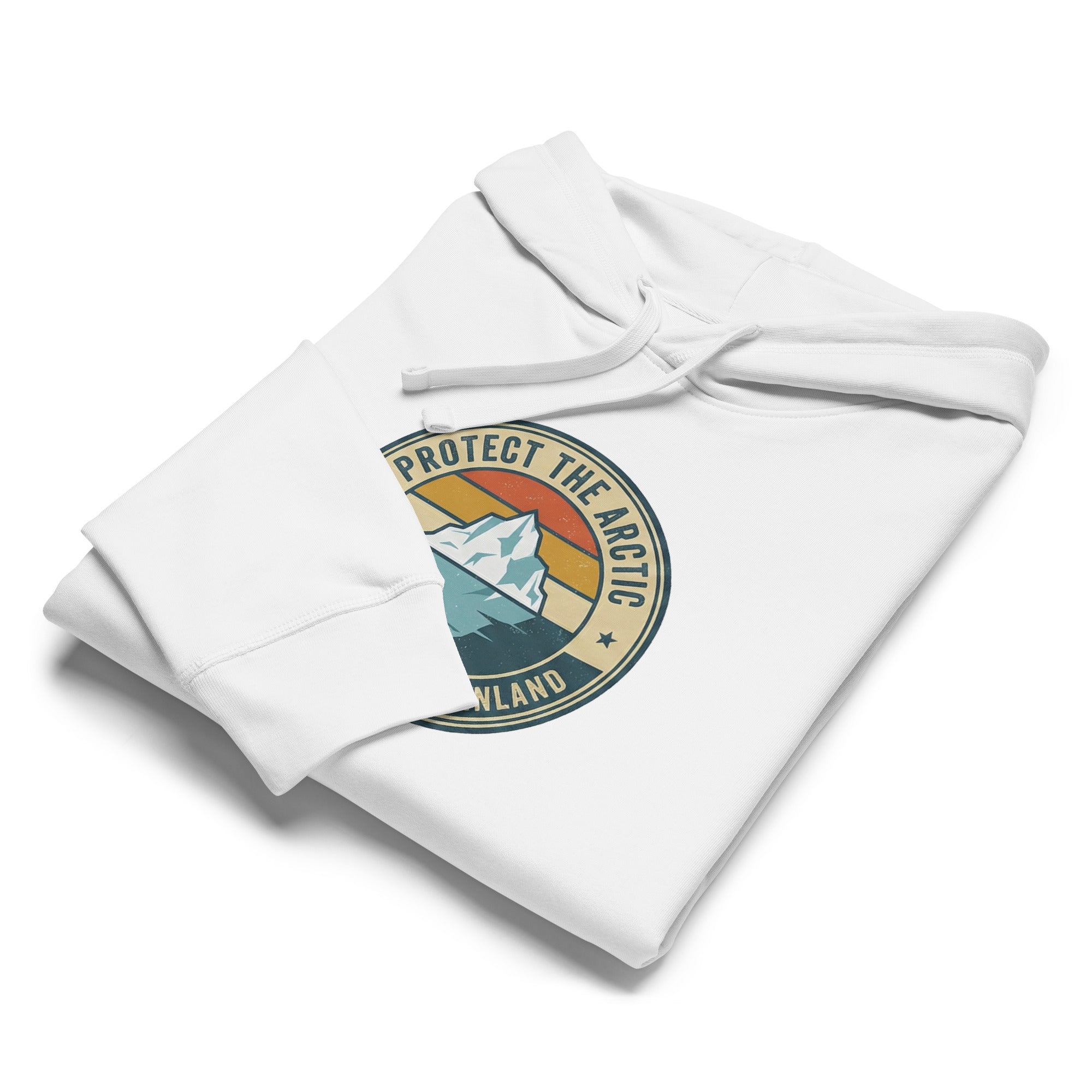 A white hoodie neatly folded on a flat surface, showcasing the colorful "Protect the Arctic" circular iceberg emblem and its white drawstring.