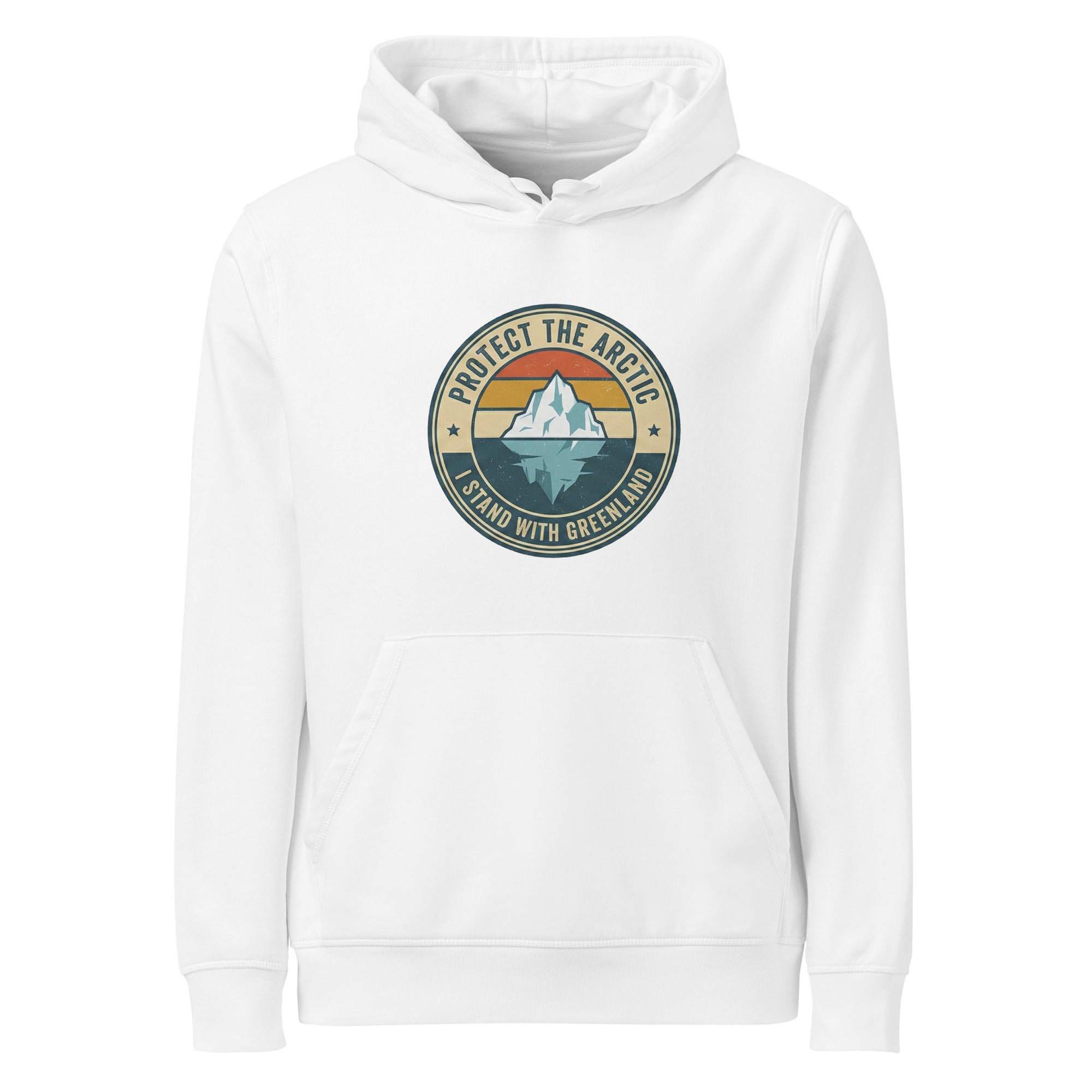 A front-facing flat lay of an white hoodie with the "Protect the Arctic" iceberg graphic centered on the chest, including a front kangaroo pocket and drawstring hood.