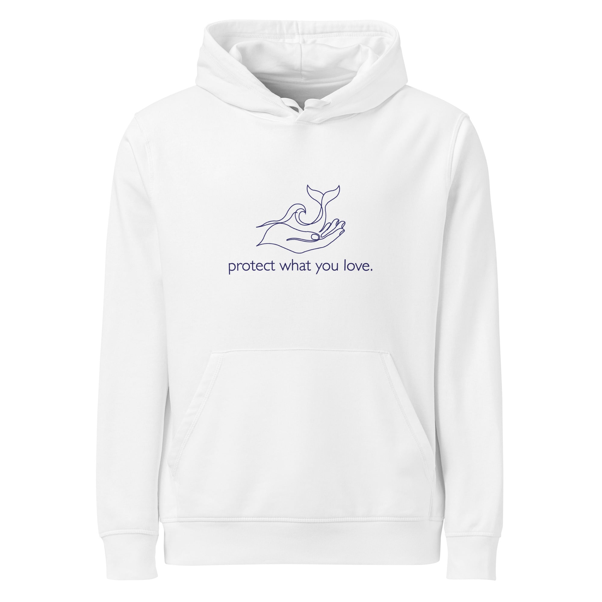 A front-facing flat lay of a white organic hoodie with the navy blue minimalist whale and wave graphic and the text "protect what you love." centered on the chest.