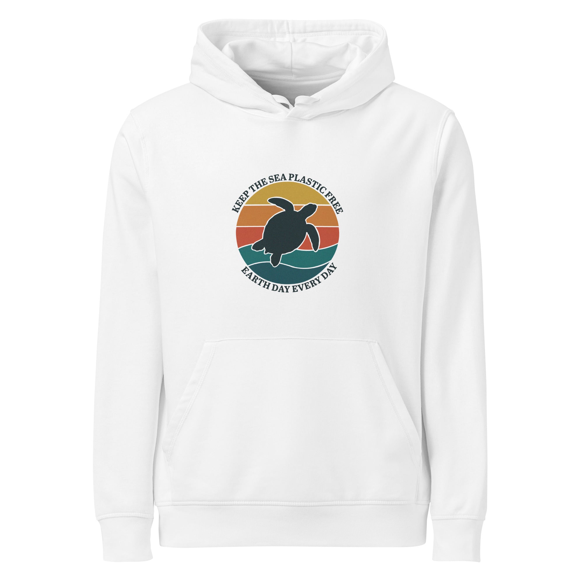 A front-facing flat lay of the white organic hoodie. The image highlights the center kangaroo pocket, adjustable drawstrings, and the colorful retro-style turtle graphic centered on the chest.