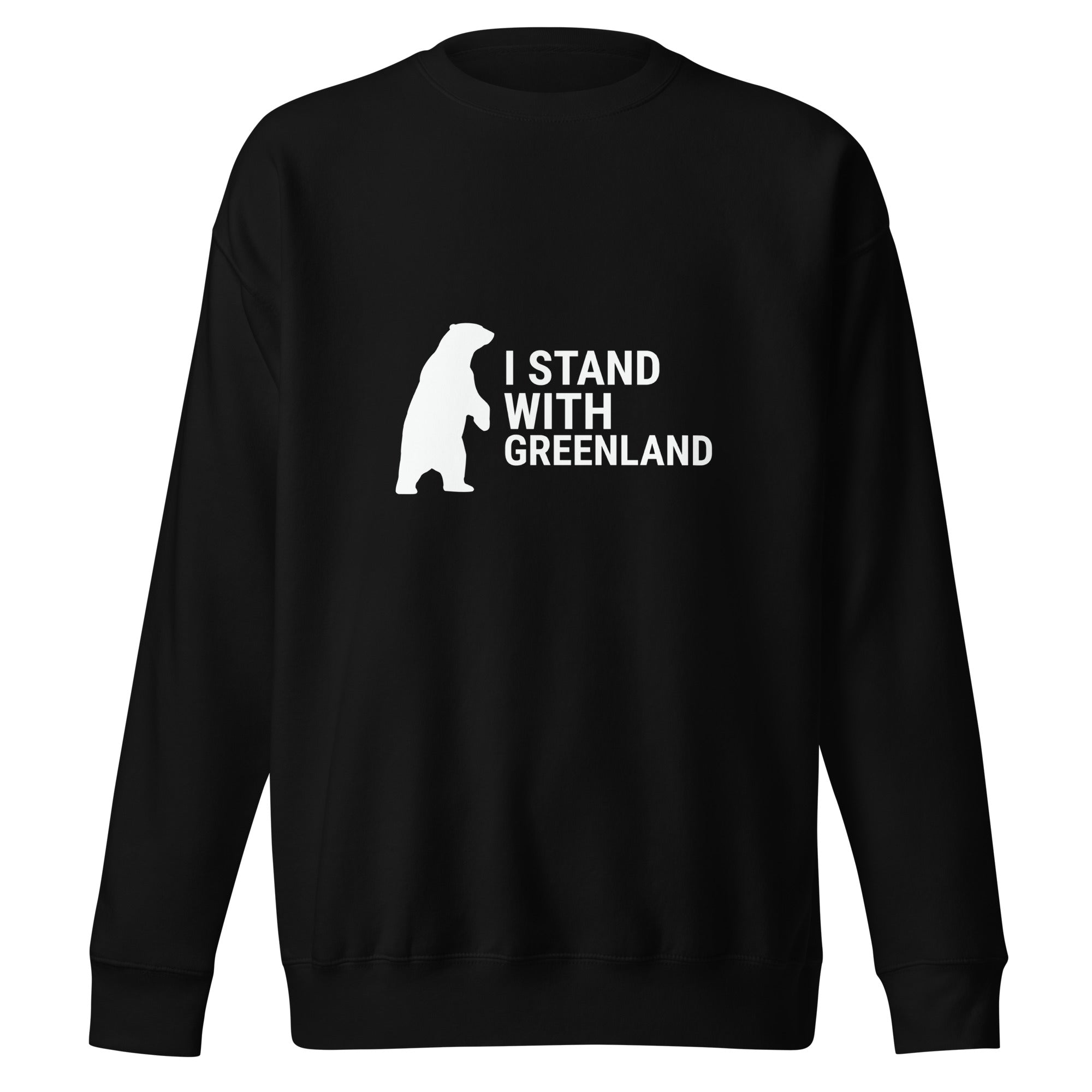 A black long-sleeved sweatshirt laid flat, featuring the white standing polar bear and "I STAND WITH GREENLAND" text centered on the chest.