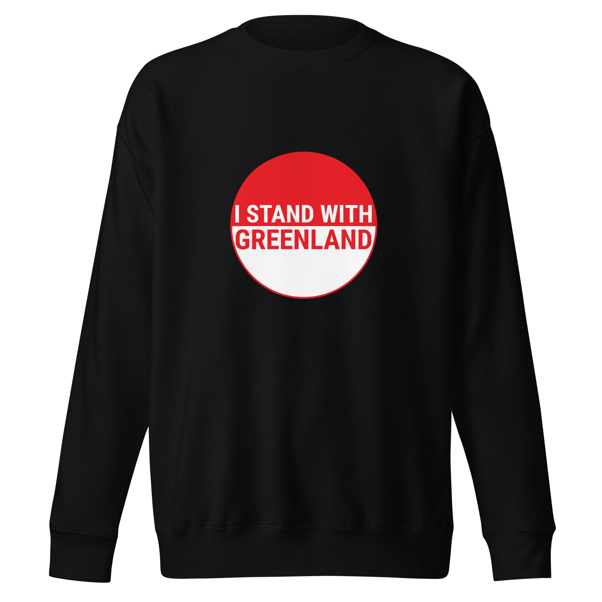 A top-down view of a black crew-neck sweatshirt laid flat against a white background, highlighting the centered red and white "I STAND WITH GREENLAND" circle graphic.
