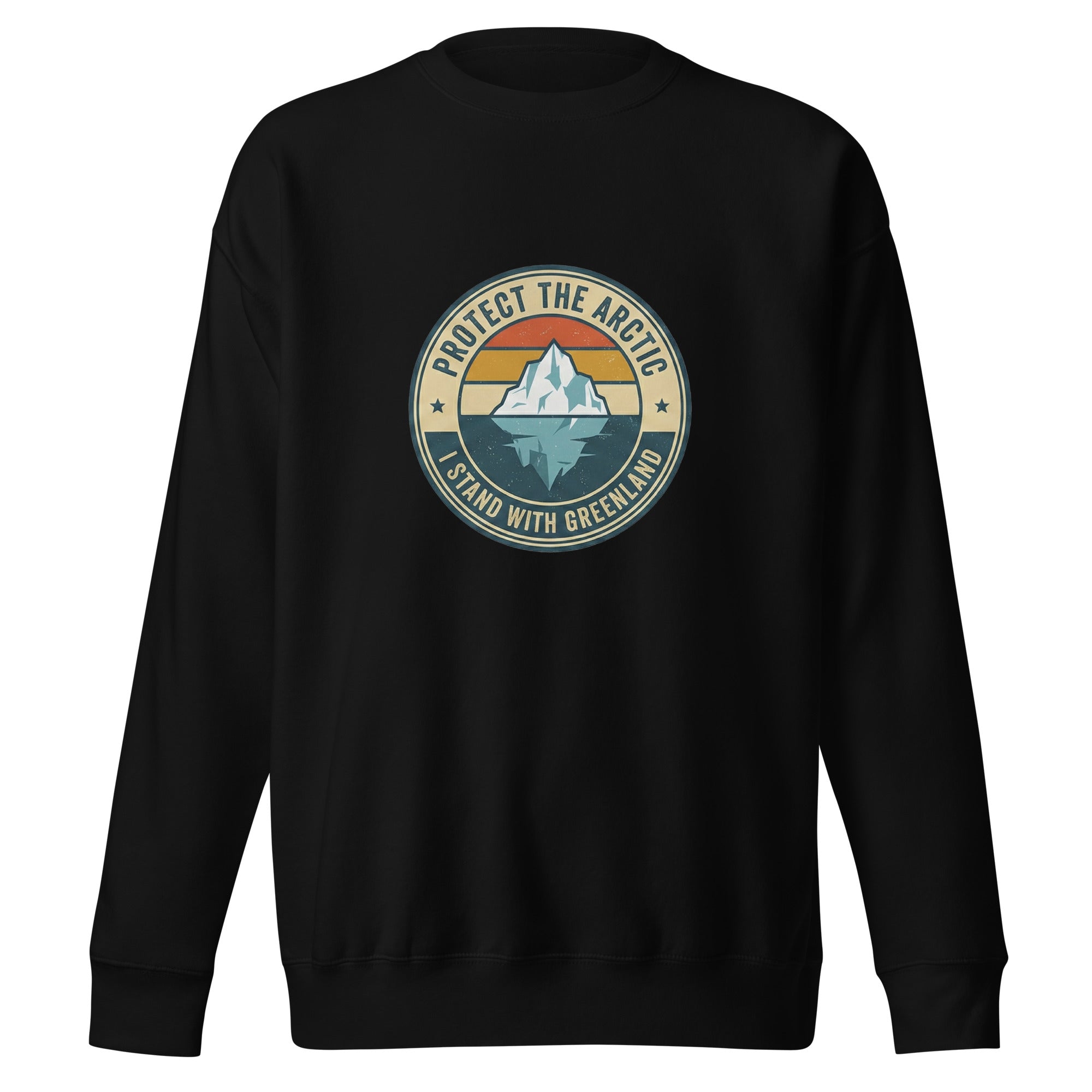 A front-facing view of a black crew-neck sweatshirt laid flat against a white background, featuring the vintage-style "Protect the Arctic / I Stand with Greenland" iceberg logo centered on the chest.