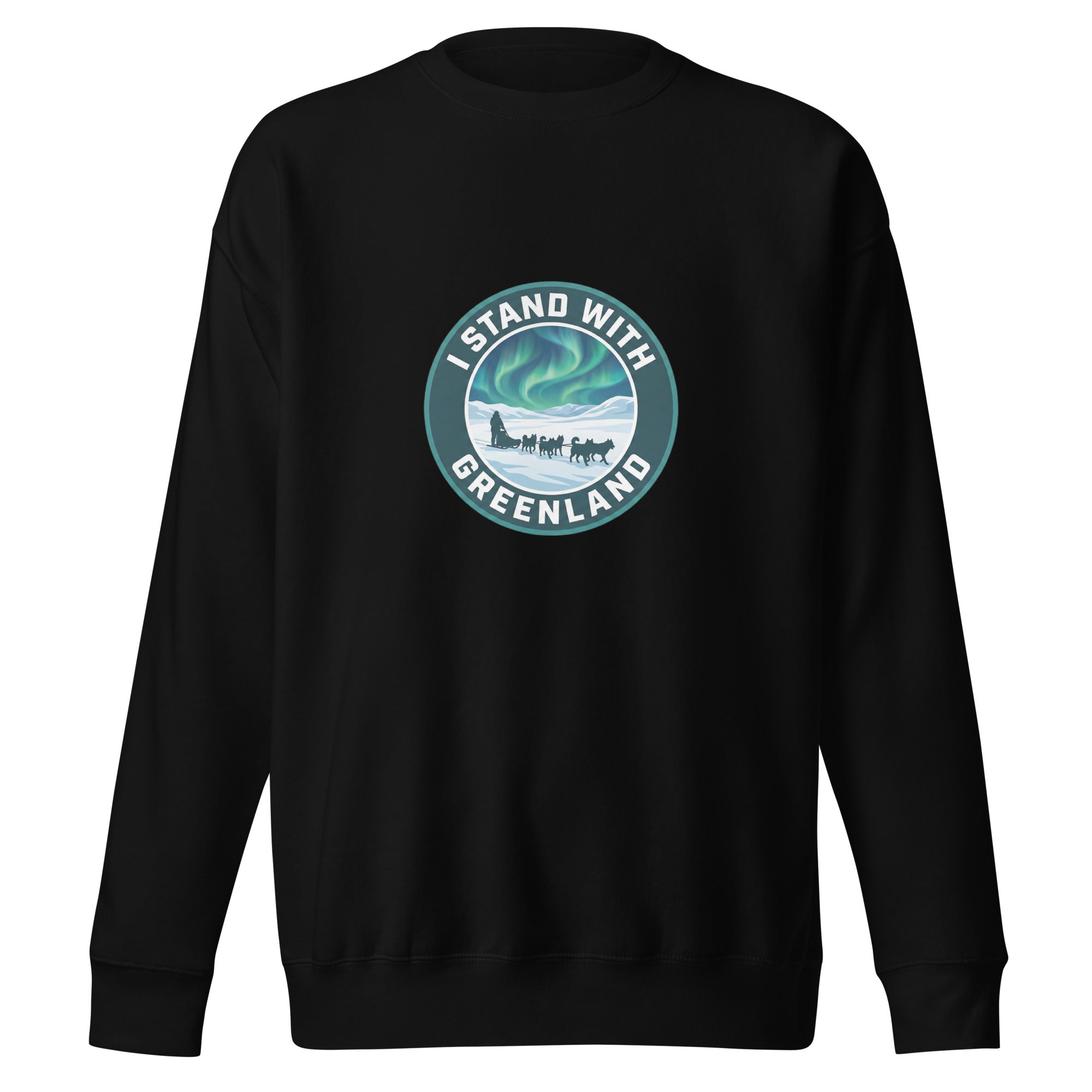 A flat lay of a black long-sleeved sweatshirt against a white background, featuring a centered circular vintage-style emblem with an iceberg and the text "PROTECT THE ARCTIC" and "I STAND WITH GREENLAND".