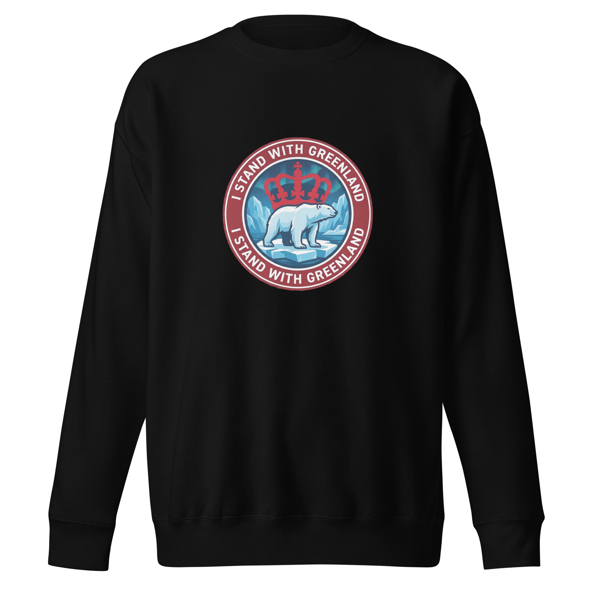 A front-facing view of a black crew-neck sweatshirt laid flat, featuring a centered circular emblem with a polar bear, icebergs, a red crown, and the words "I STAND WITH GREENLAND."