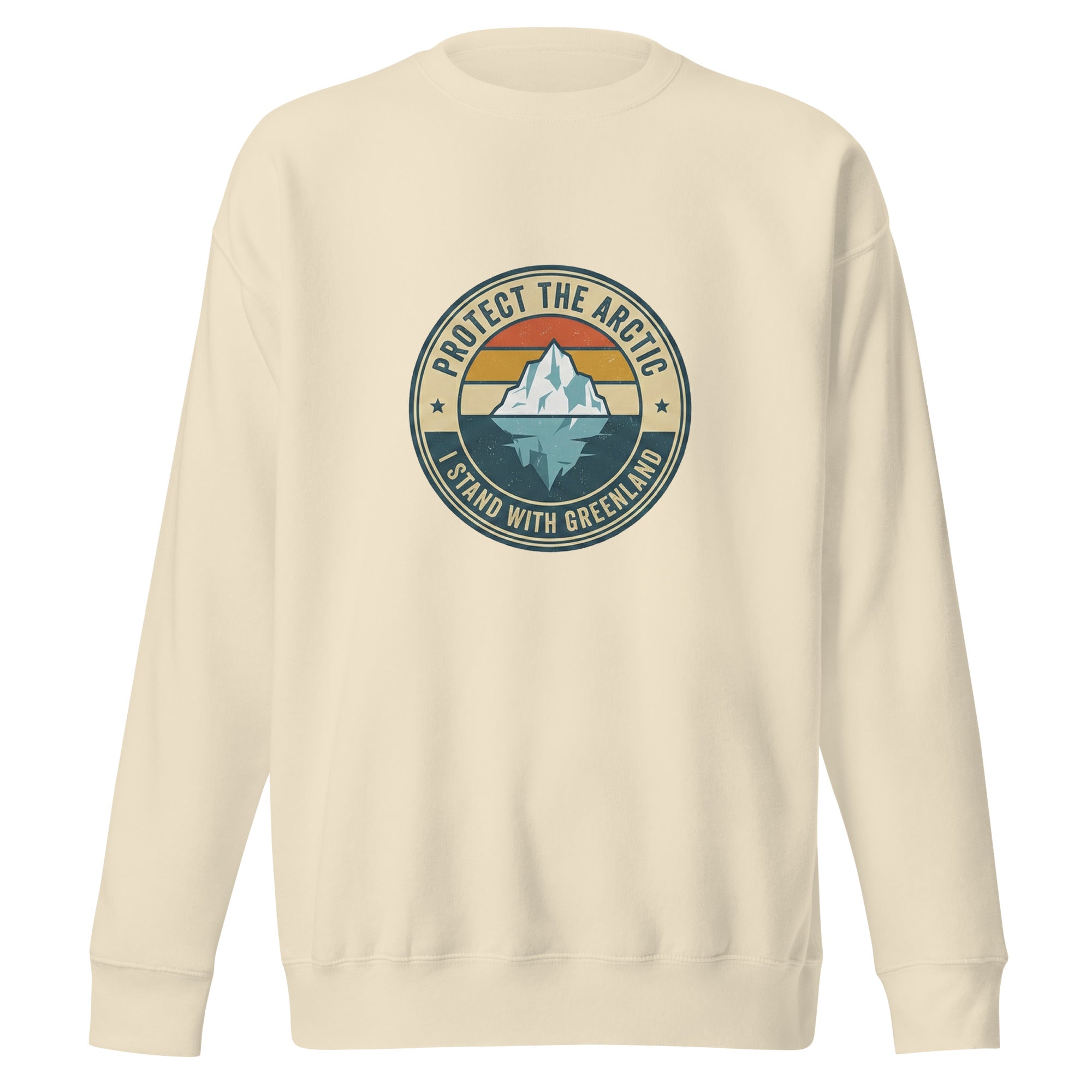A front-facing view of a beige crew-neck sweatshirt laid flat against a white background, featuring the vintage-style "Protect the Arctic / I Stand with Greenland" iceberg logo centered on the chest.