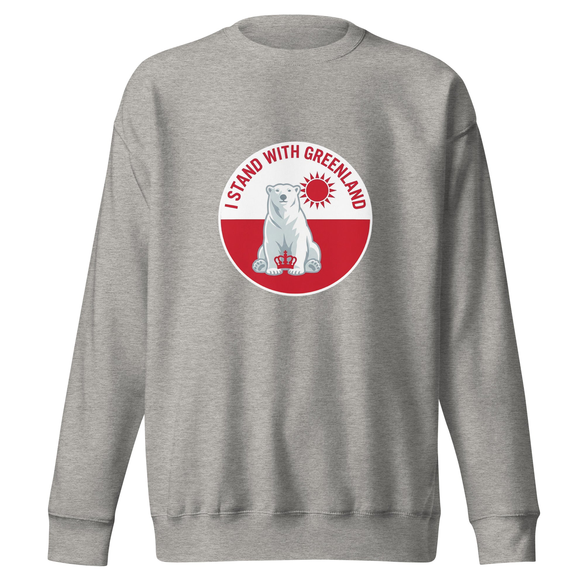 A top-down view of the grey t-shirt laid flat against a white background, highlighting the centered "I STAND WITH GREENLAND" graphic with its red, white, and blue polar bear and crown design.