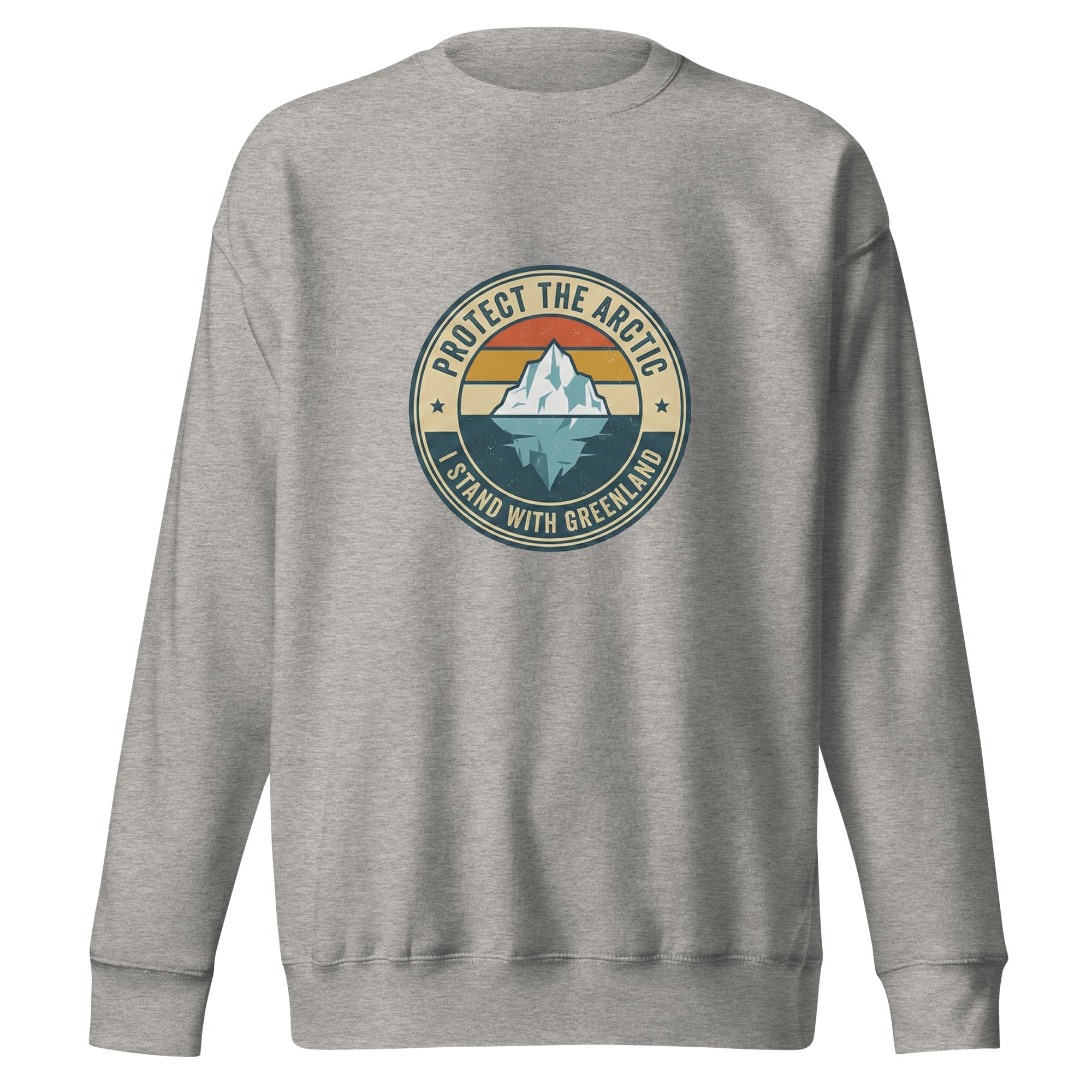 A front-facing view of a grey crew-neck sweatshirt laid flat against a white background, featuring the vintage-style "Protect the Arctic / I Stand with Greenland" iceberg logo centered on the chest.