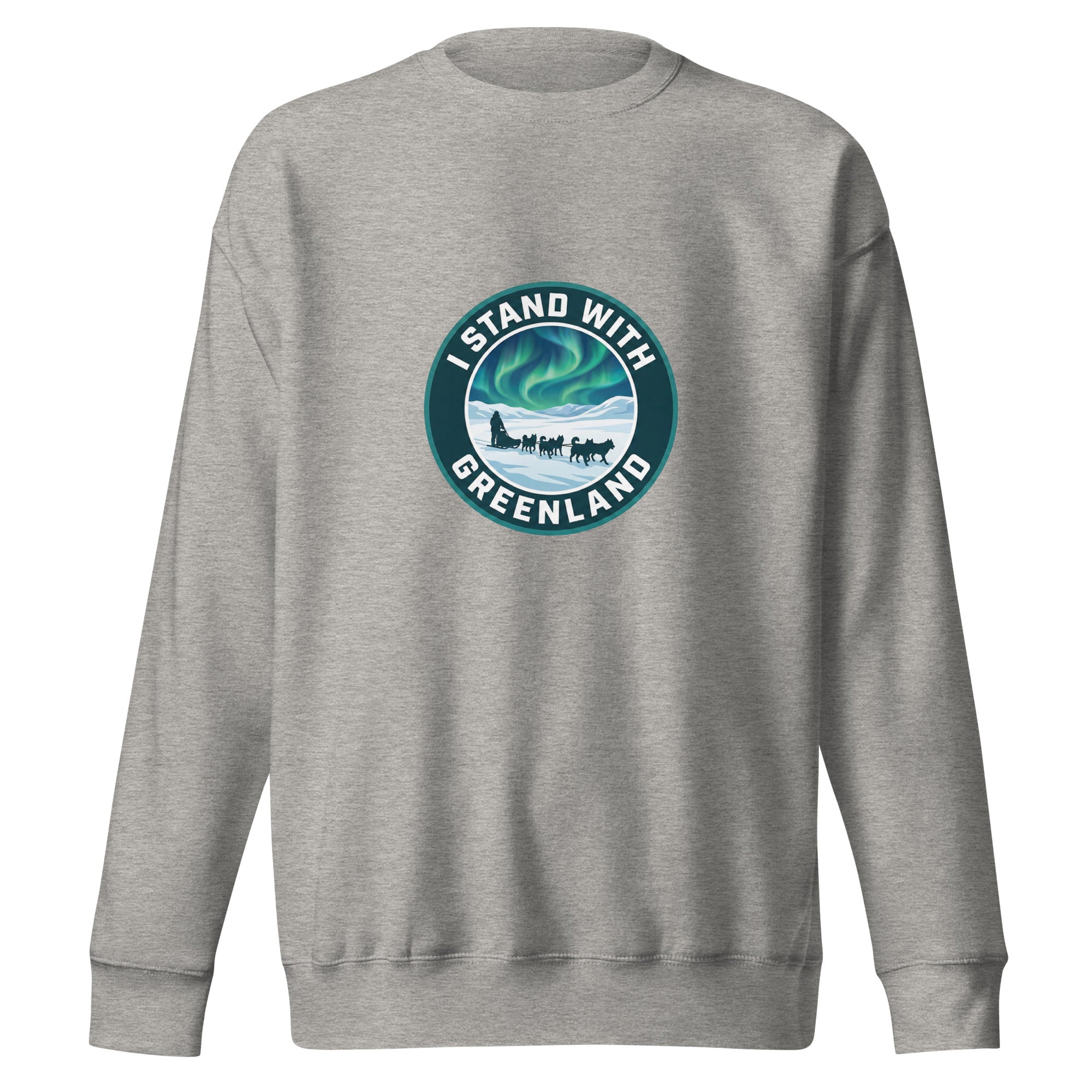 A flat lay of a carbon grey long-sleeved sweatshirt against a white background, featuring a centered circular vintage-style emblem with an iceberg and the text "PROTECT THE ARCTIC" and "I STAND WITH GREENLAND".