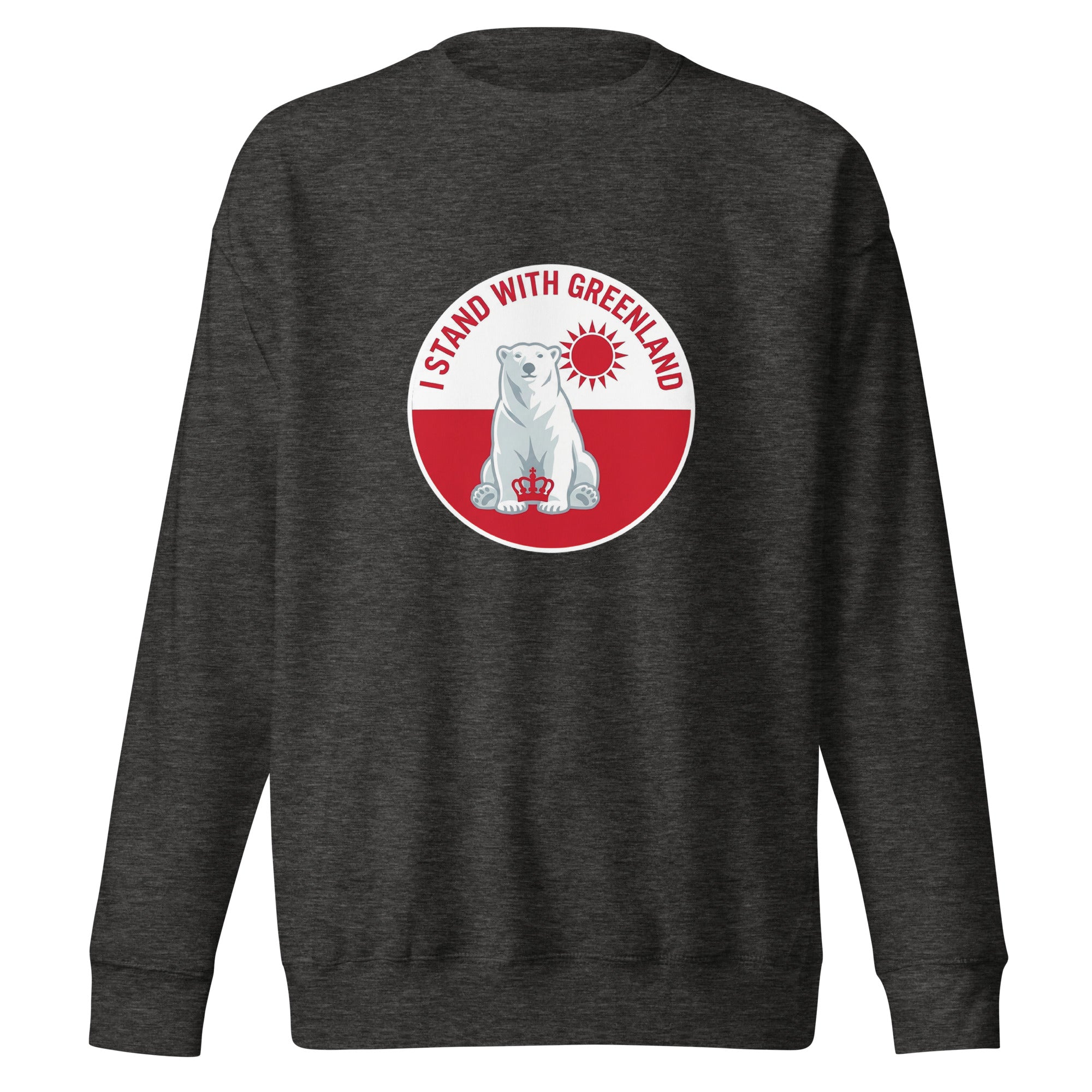 A top-down view of the grey t-shirt laid flat against a white background, highlighting the centered "I STAND WITH GREENLAND" graphic with its red, white, and blue polar bear and crown design.