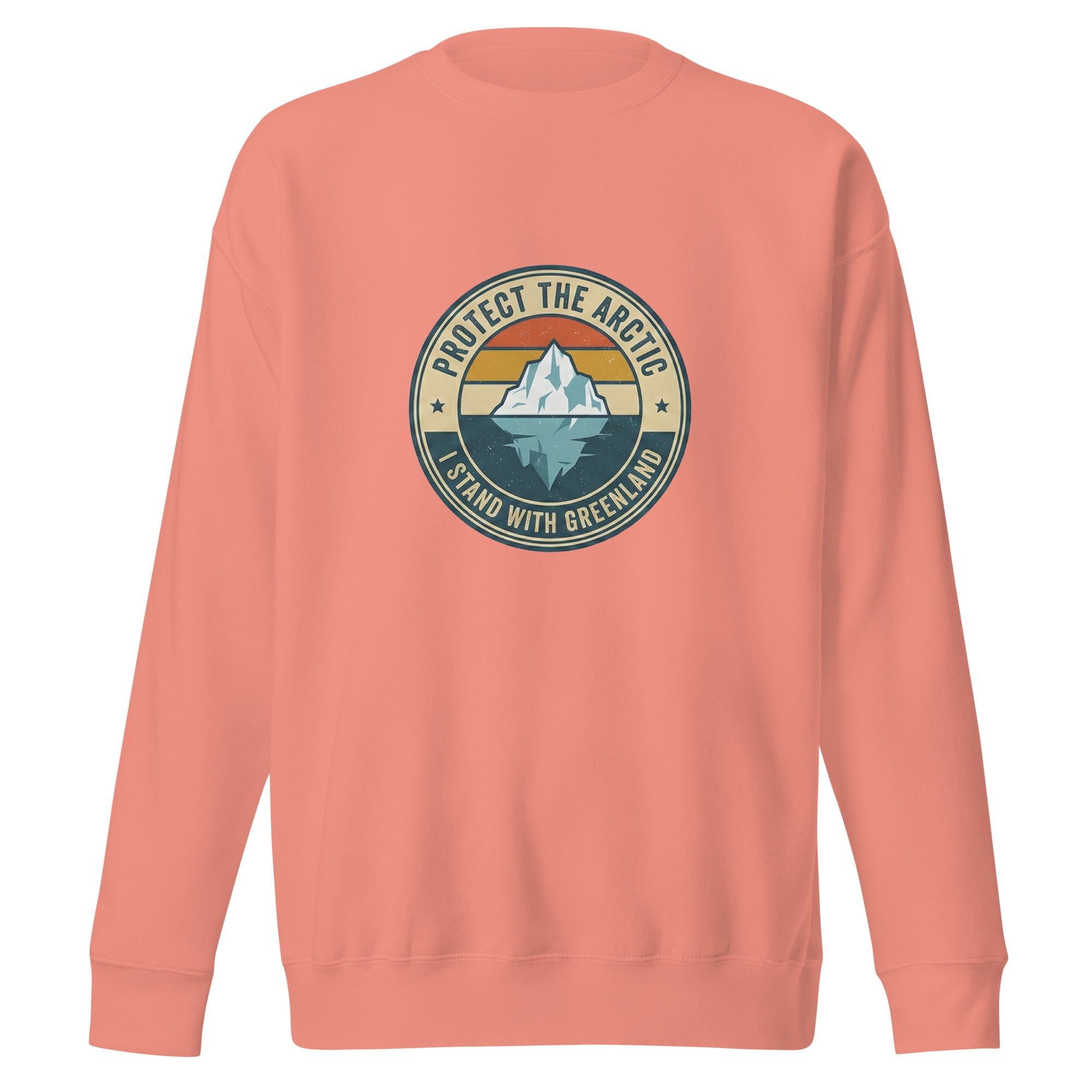 A front-facing view of a pink crew-neck sweatshirt laid flat against a white background, featuring the vintage-style "Protect the Arctic / I Stand with Greenland" iceberg logo centered on the chest.
