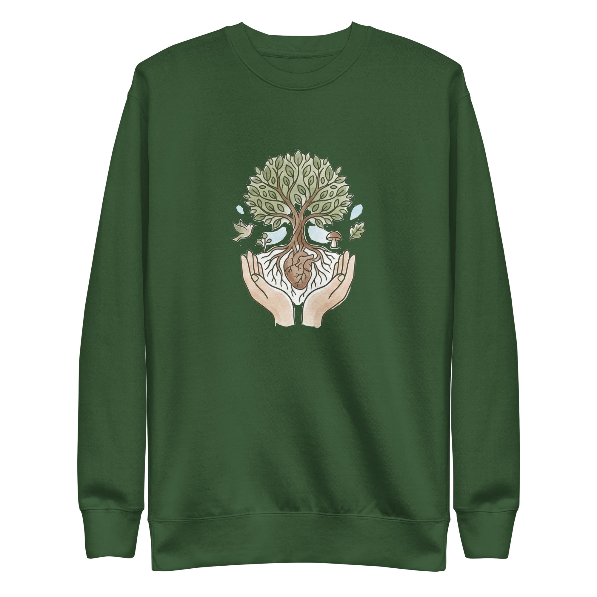 A front-facing flat lay of the forest green sweatshirt. It features a central graphic of two hands cradling a tree with a heart at its roots, surrounded by a bird, a mushroom, and falling leaves in soft earth tones.