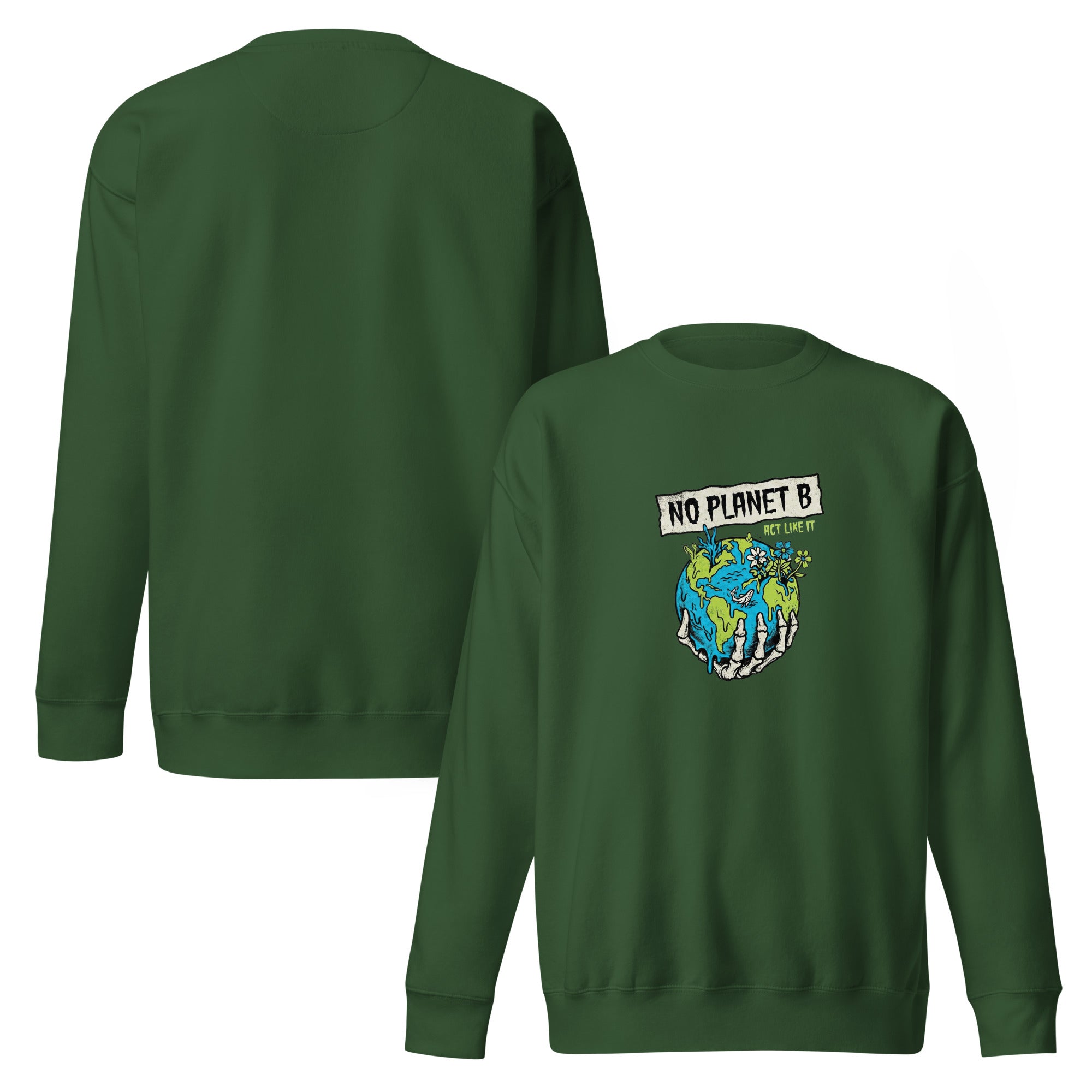 A composite image displaying both the front and back of the forest green crewneck sweatshirt. The front shows the signature graphic, and the back is left plain.