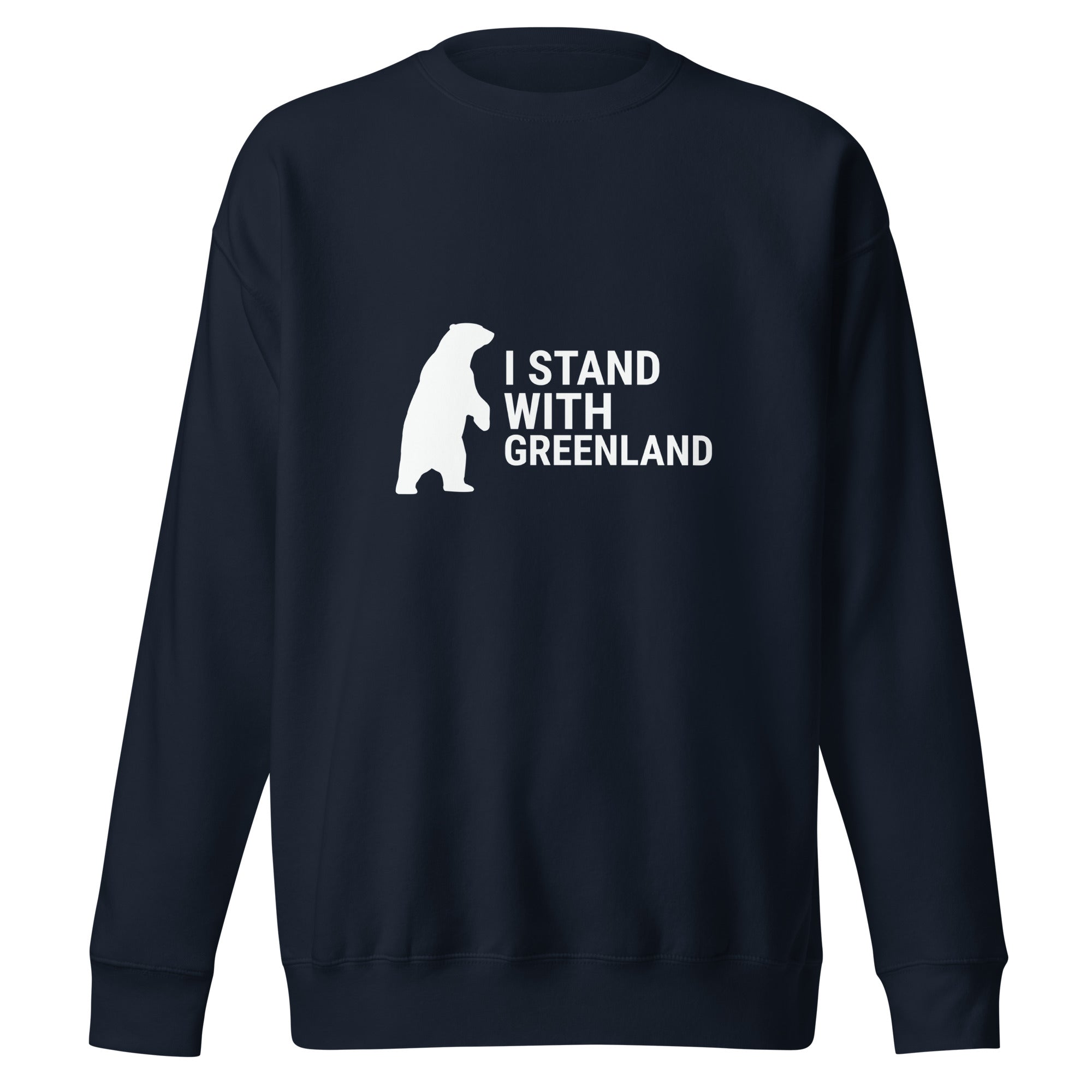 A navy blue long-sleeved sweatshirt laid flat, featuring the white standing polar bear and "I STAND WITH GREENLAND" text centered on the chest.
