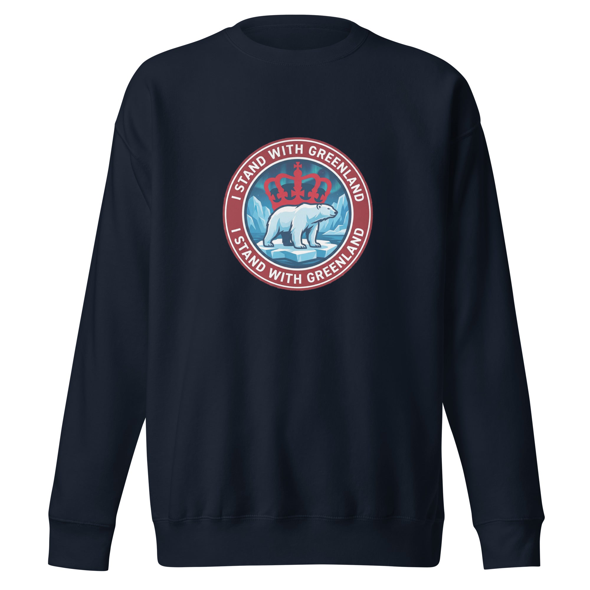 A front-facing view of a navy blue crew-neck sweatshirt laid flat, featuring a centered circular emblem with a polar bear, icebergs, a red crown, and the words "I STAND WITH GREENLAND."