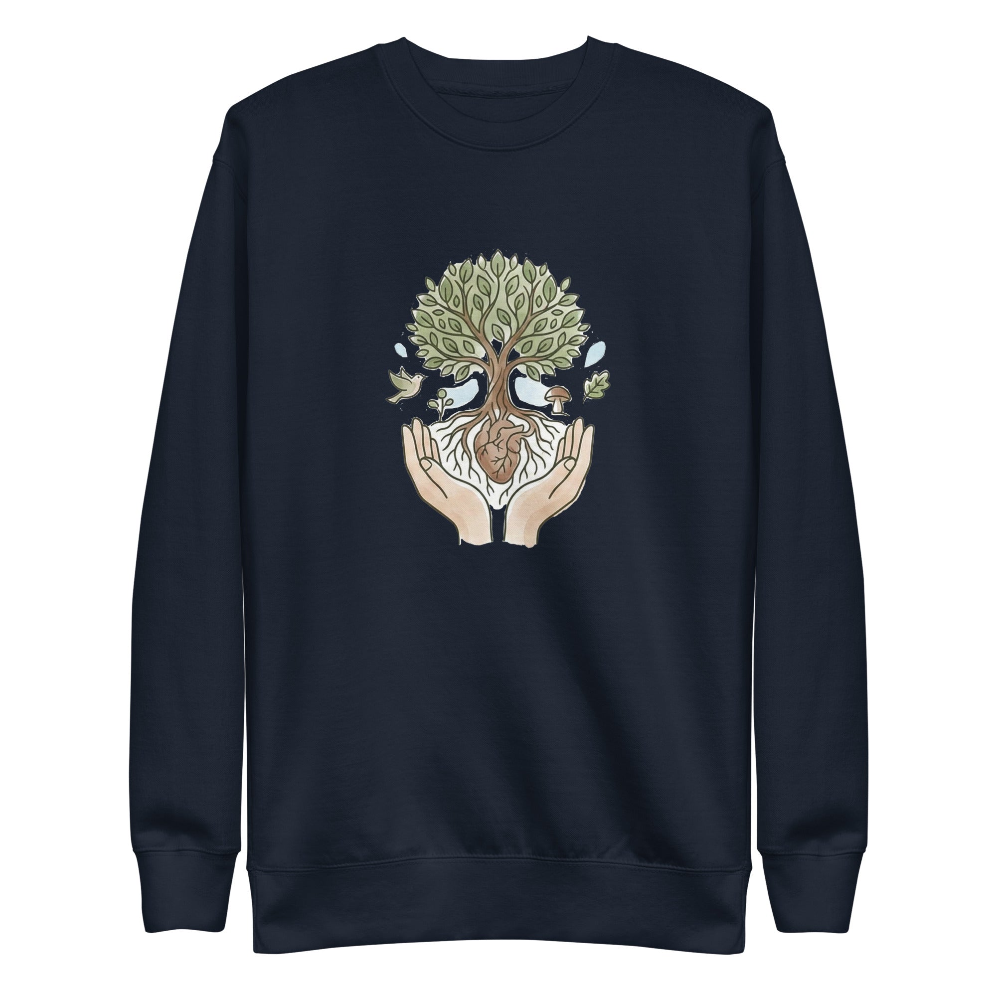 A front-facing flat lay of the navy blue sweatshirt. It features a central graphic of two hands cradling a tree with a heart at its roots, surrounded by a bird, a mushroom, and falling leaves in soft earth tones.