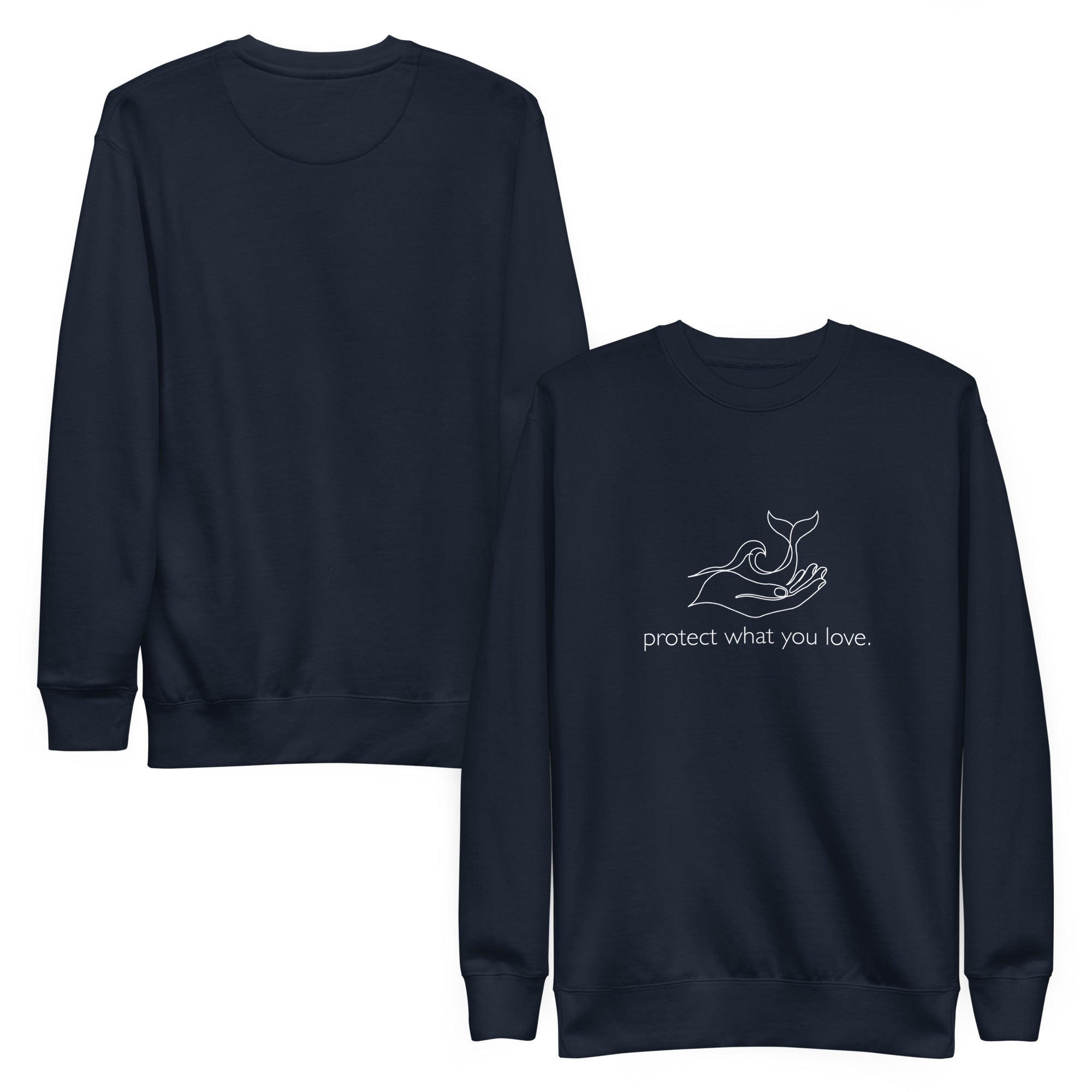 A composite view of a navy blazer (dark blue) crewneck sweatshirt. The front displays the signature minimalist graphic in white line art, and the back is left unprinted.