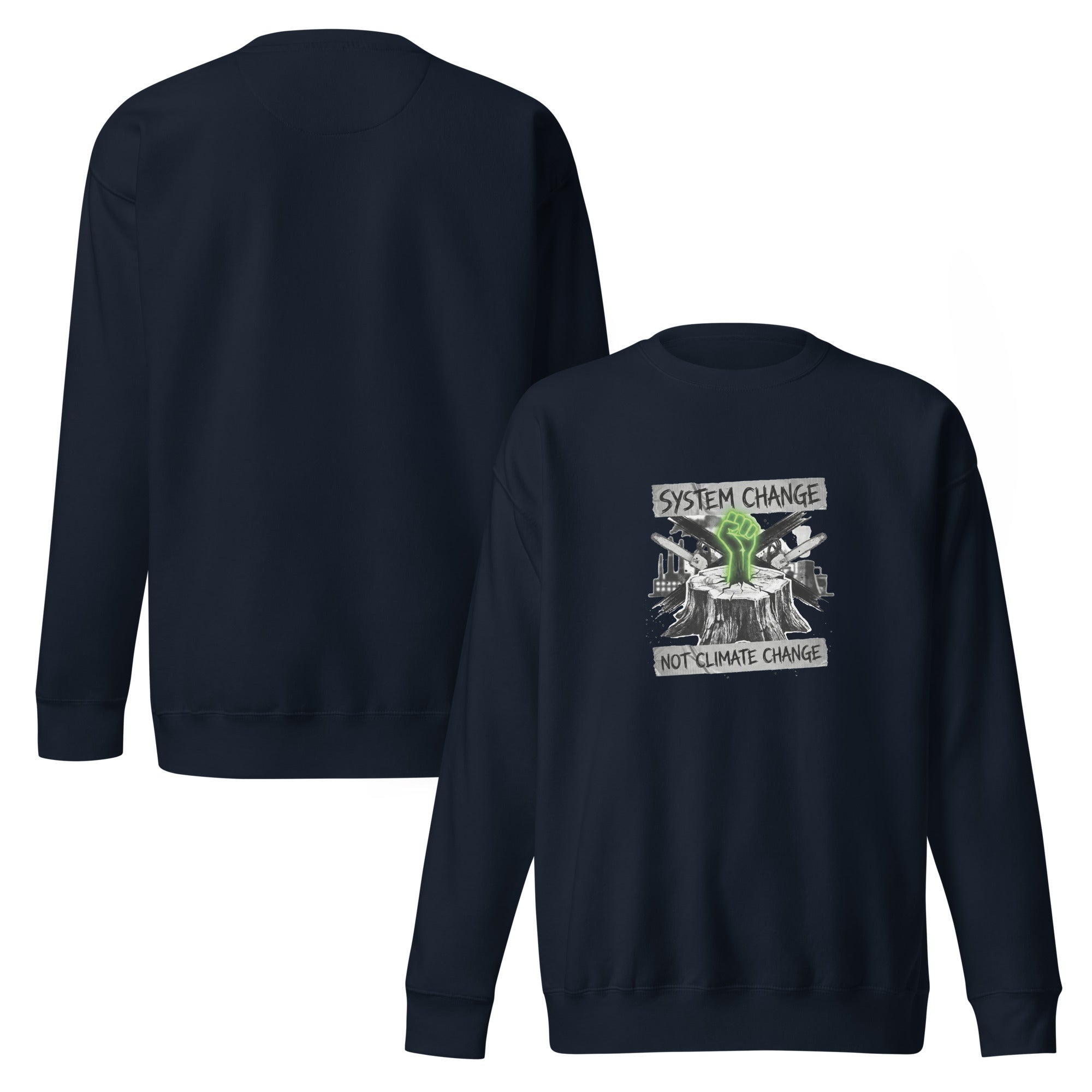 A composite image showing both the front and back of a navy blue crewneck sweatshirt. The back is plain and unprinted.
