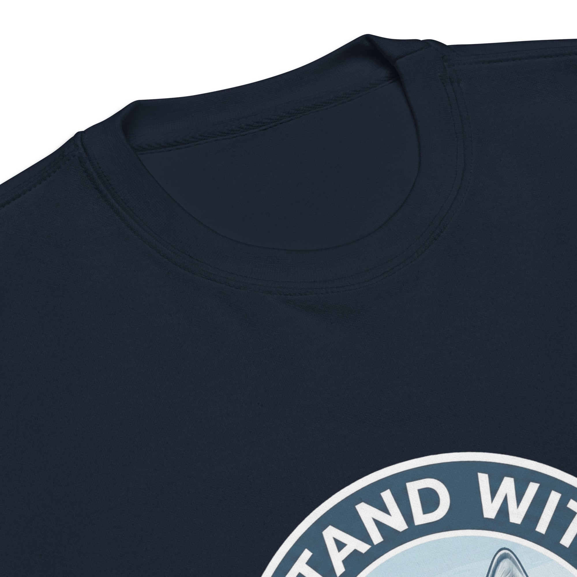 A close-up shot of the ribbed crew neckline of a navy blue sweatshirt, showing the high-quality fabric and stitching.