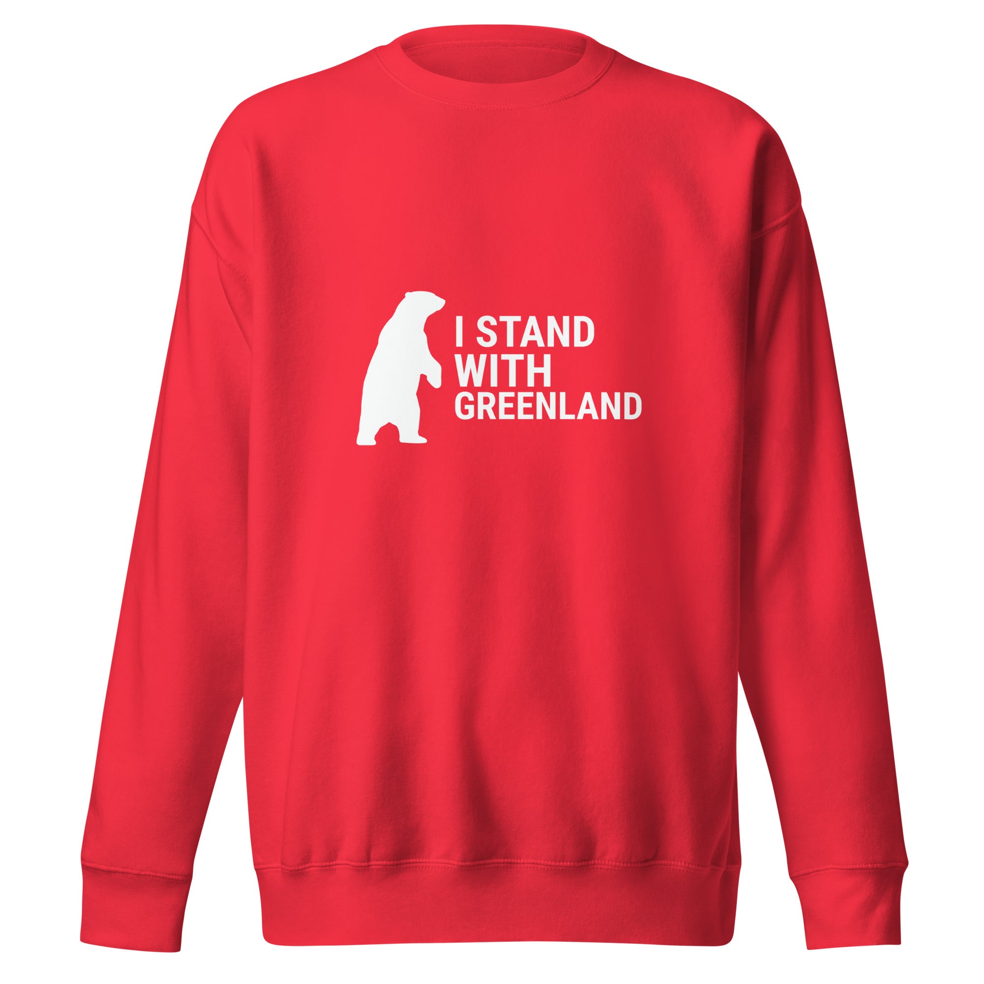 A bright red long-sleeved sweatshirt laid flat, featuring the white standing polar bear and "I STAND WITH GREENLAND" text centered on the chest.