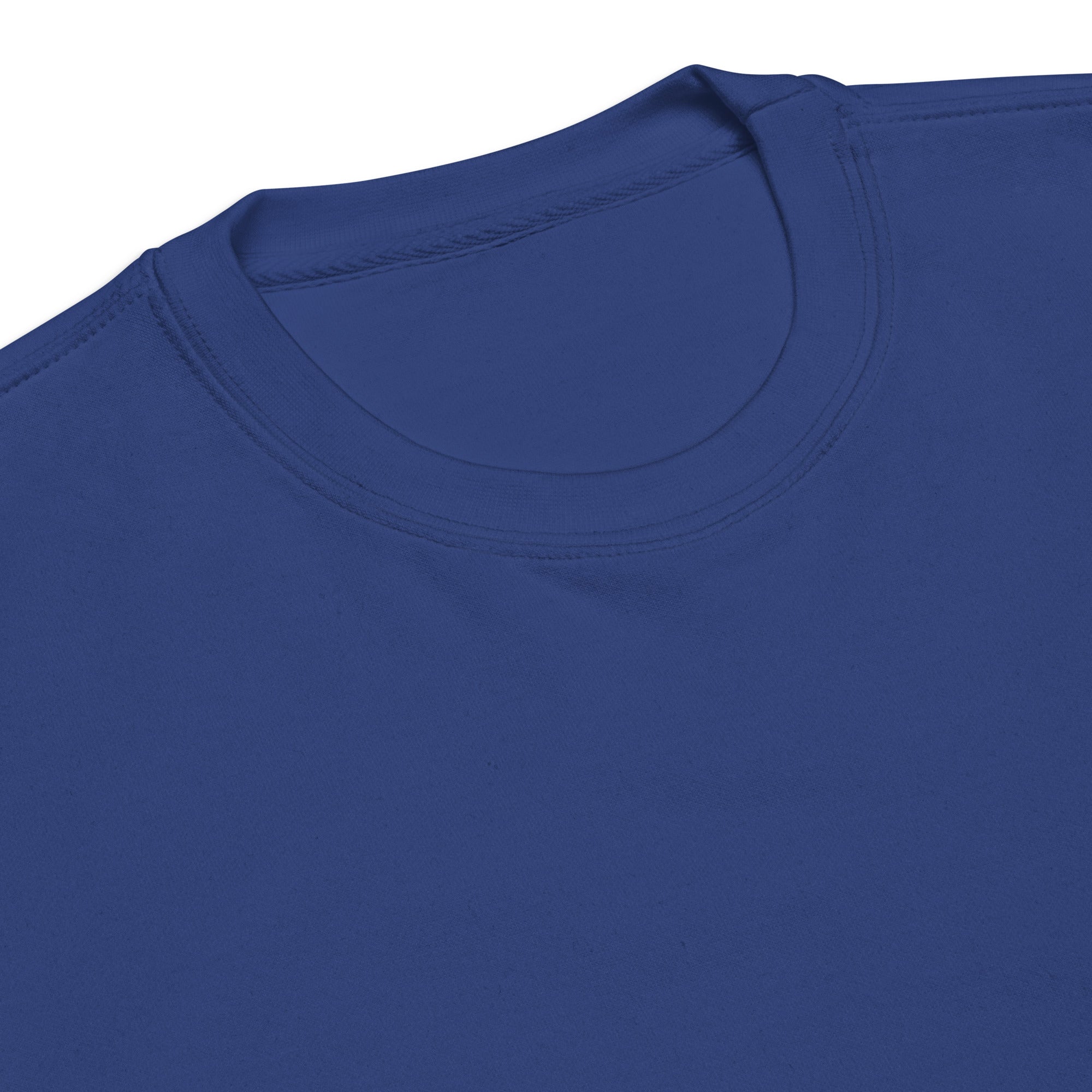 A close-up view of the ribbed collar of a vibrant "Team Royal" blue sweatshirt.