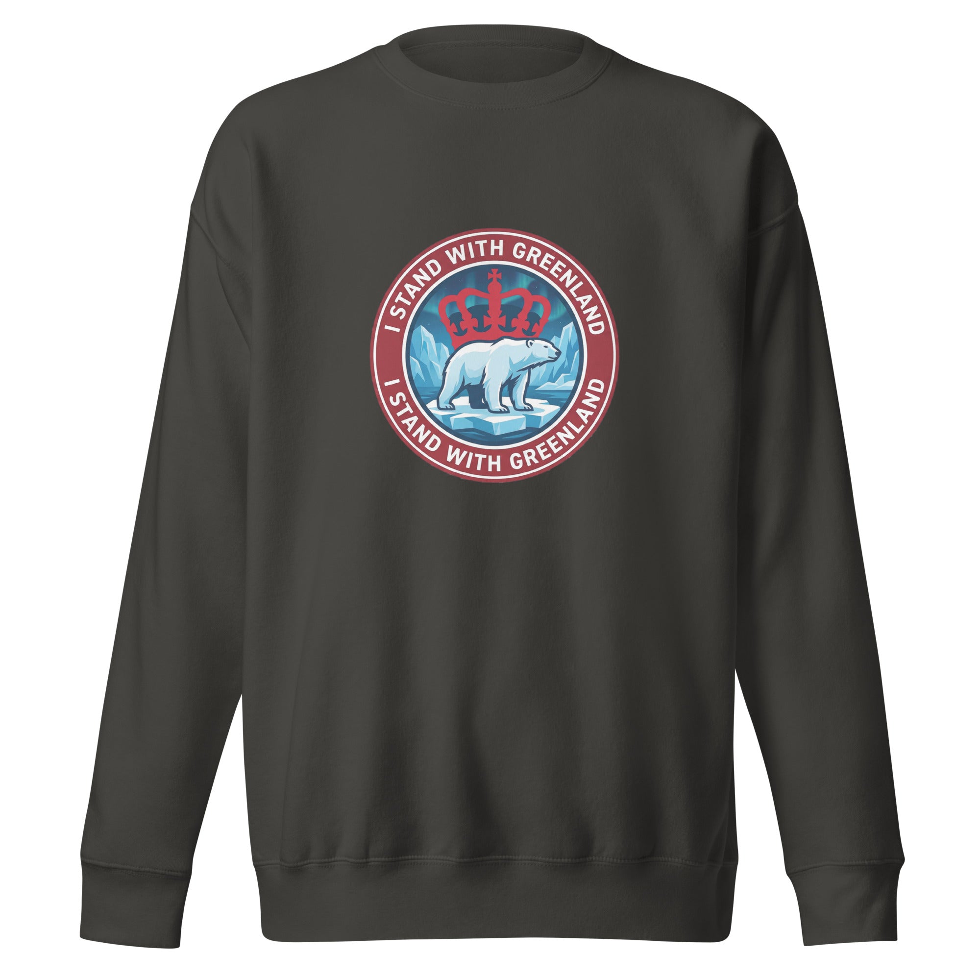 A front-facing view of a vintage black crew-neck sweatshirt laid flat, featuring a centered circular emblem with a polar bear, icebergs, a red crown, and the words "I STAND WITH GREENLAND."
