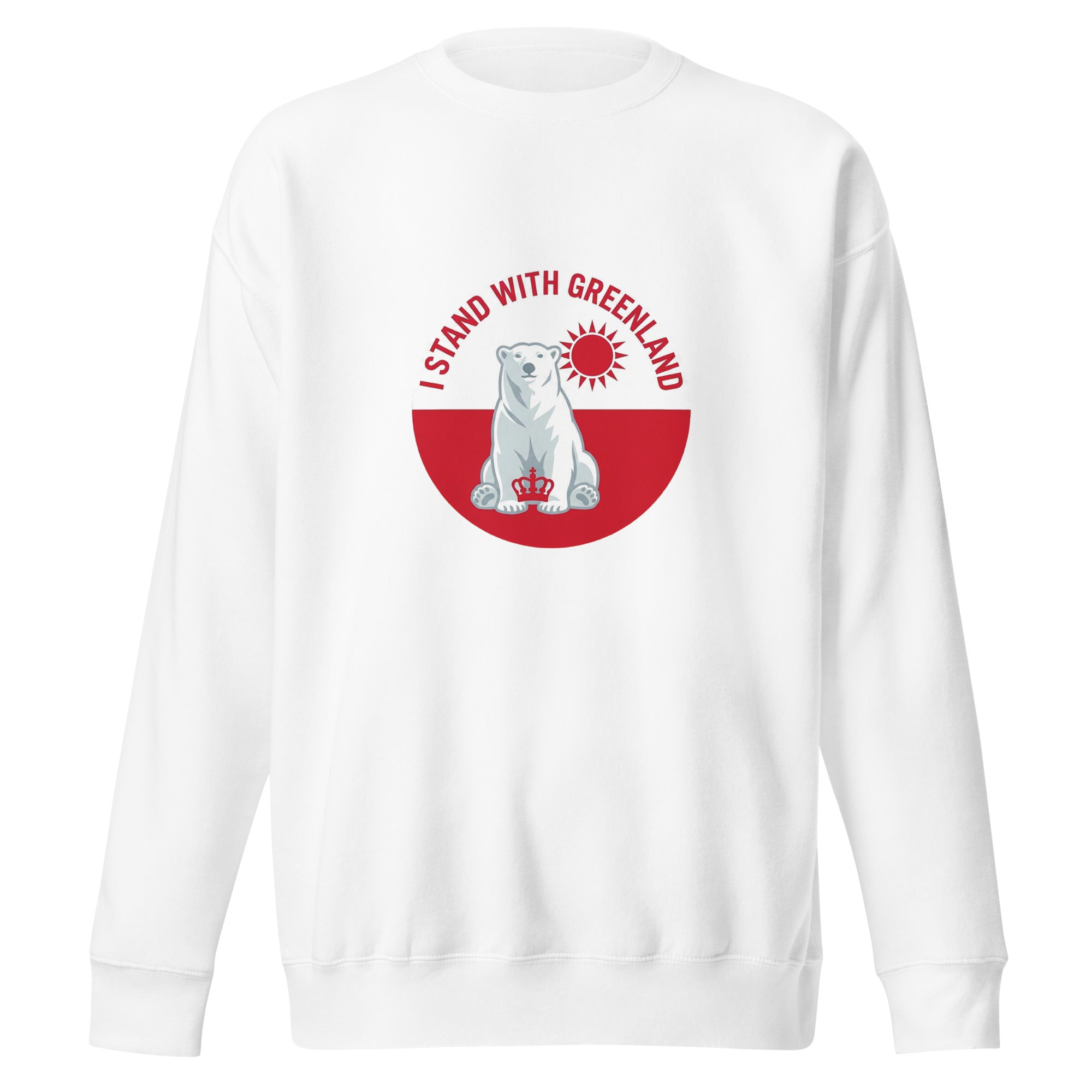 A top-down view of the white t-shirt laid flat against a white background, highlighting the centered "I STAND WITH GREENLAND" graphic with its red, white, and blue polar bear and crown design.