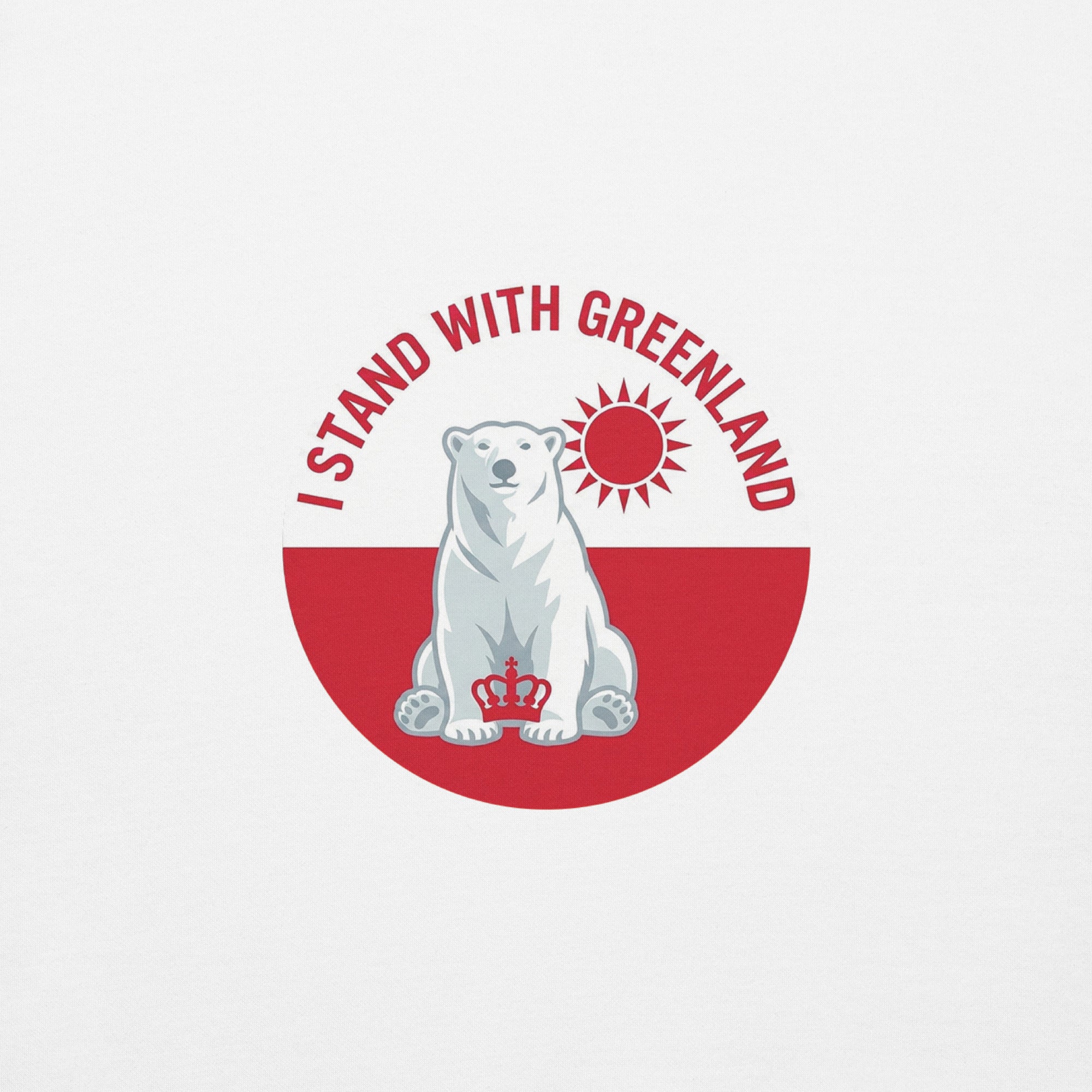 A focused close-up of the red and white circular "I STAND WITH GREENLAND" emblem on white fabric.