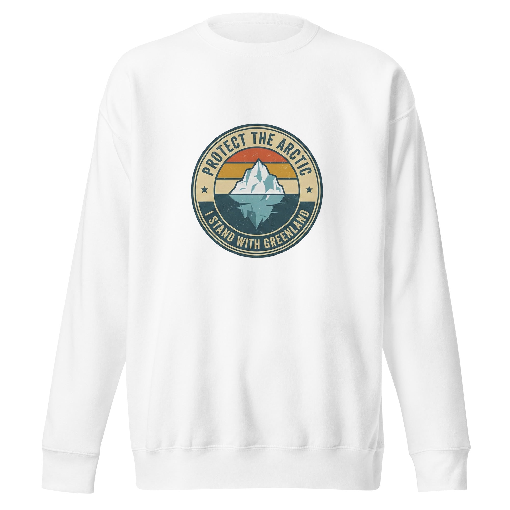 A front-facing view of a white crew-neck sweatshirt laid flat against a white background, featuring the vintage-style "Protect the Arctic / I Stand with Greenland" iceberg logo centered on the chest.