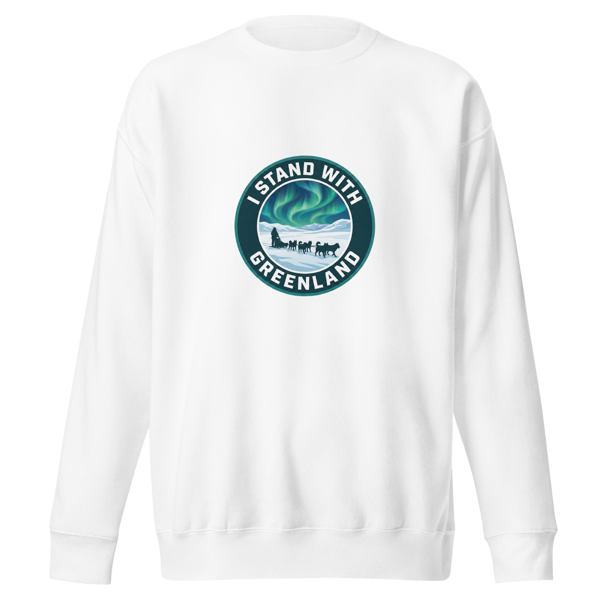 A flat lay of a white long-sleeved sweatshirt against a white background, featuring a centered circular vintage-style emblem with an iceberg and the text "PROTECT THE ARCTIC" and "I STAND WITH GREENLAND".