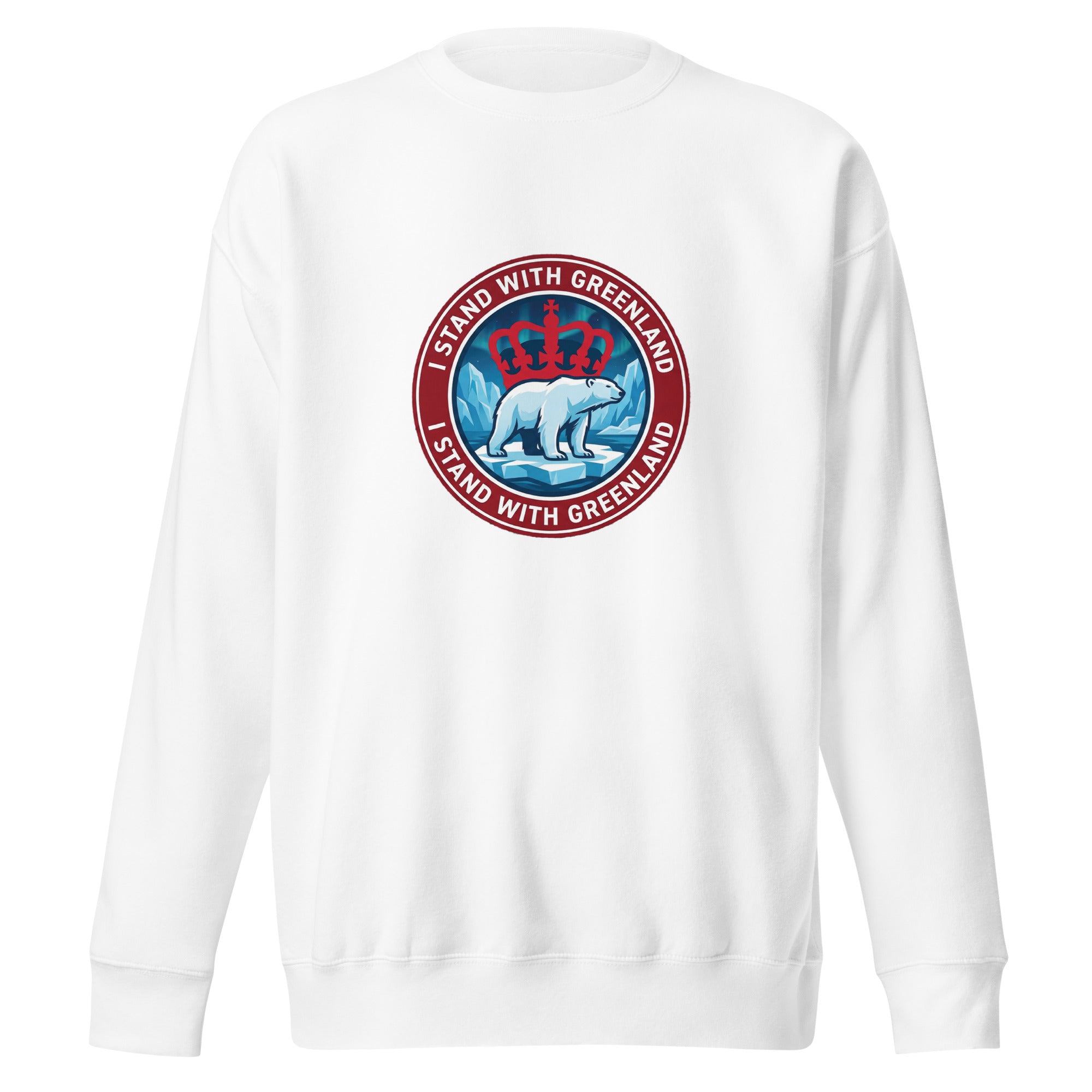 A front-facing view of a white crew-neck sweatshirt laid flat, featuring a centered circular emblem with a polar bear, icebergs, a red crown, and the words "I STAND WITH GREENLAND."