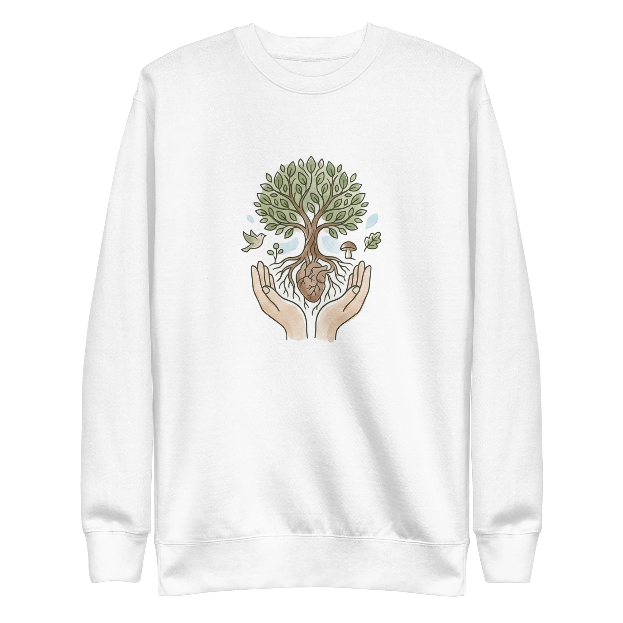 A front-facing flat lay of the white sweatshirt. It features a central graphic of two hands cradling a tree with a heart at its roots, surrounded by a bird, a mushroom, and falling leaves in soft earth tones.