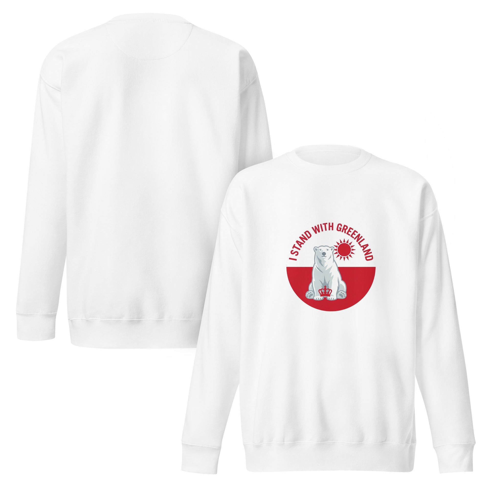 A composite image showing the front and back of a white crew-neck t-shirt; the front displays the polar bear and crown emblem, while the back is plain white.