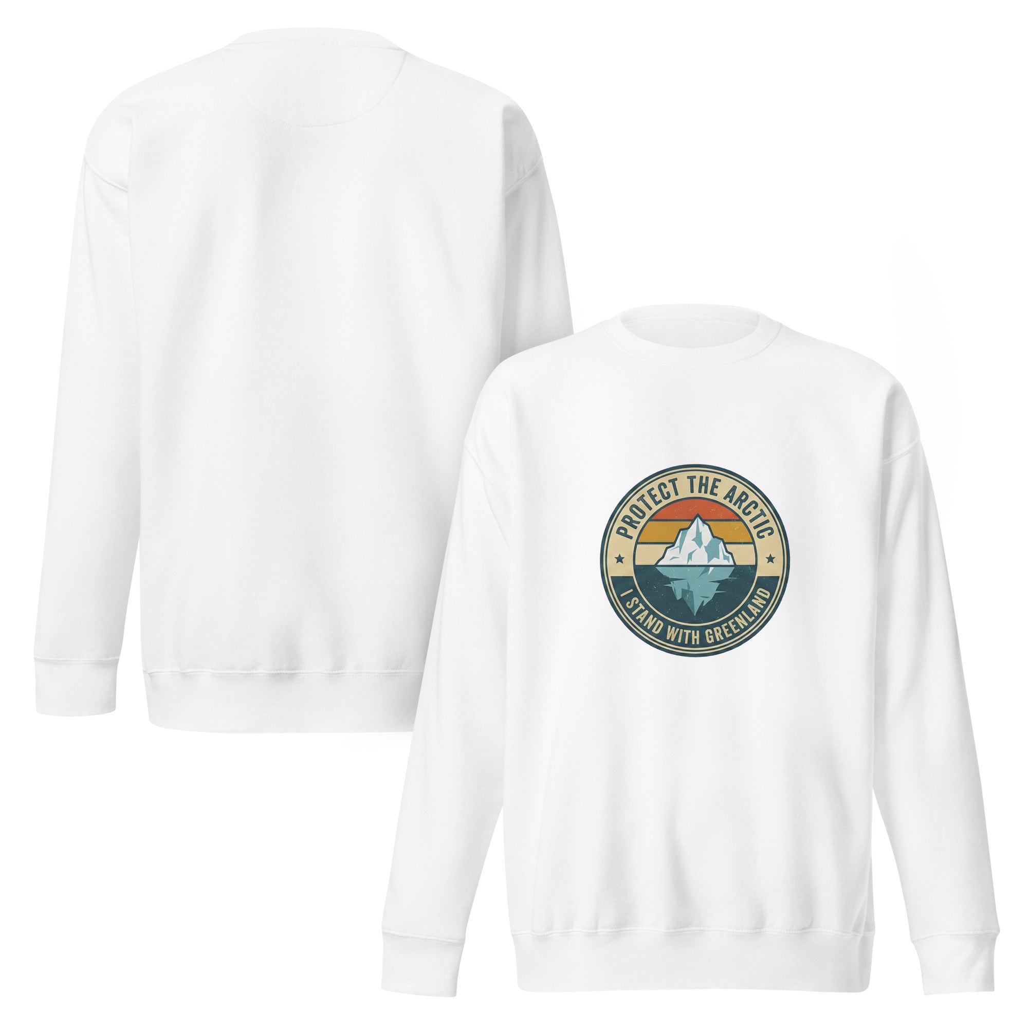 A composite image showing the front and back of a white crew-neck sweatshirt; the front displays the circular iceberg graphic, and the back is plain white.