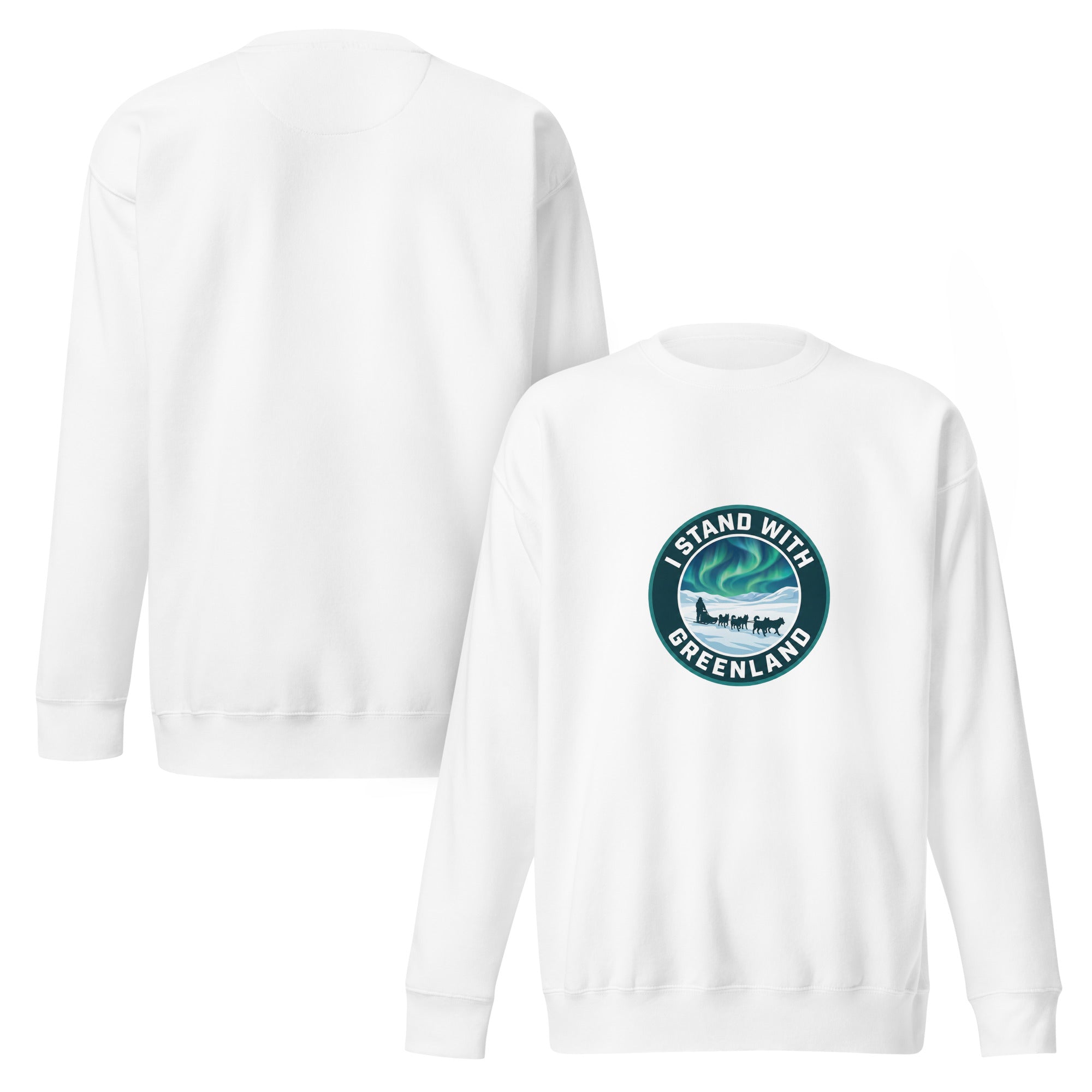 A composite image showing the front and back of a white crew-neck sweatshirt. The front features a large, centered vintage-style circular logo with an iceberg and the phrases "PROTECT THE ARCTIC" and "I STAND WITH GREENLAND," while the back is plain white.