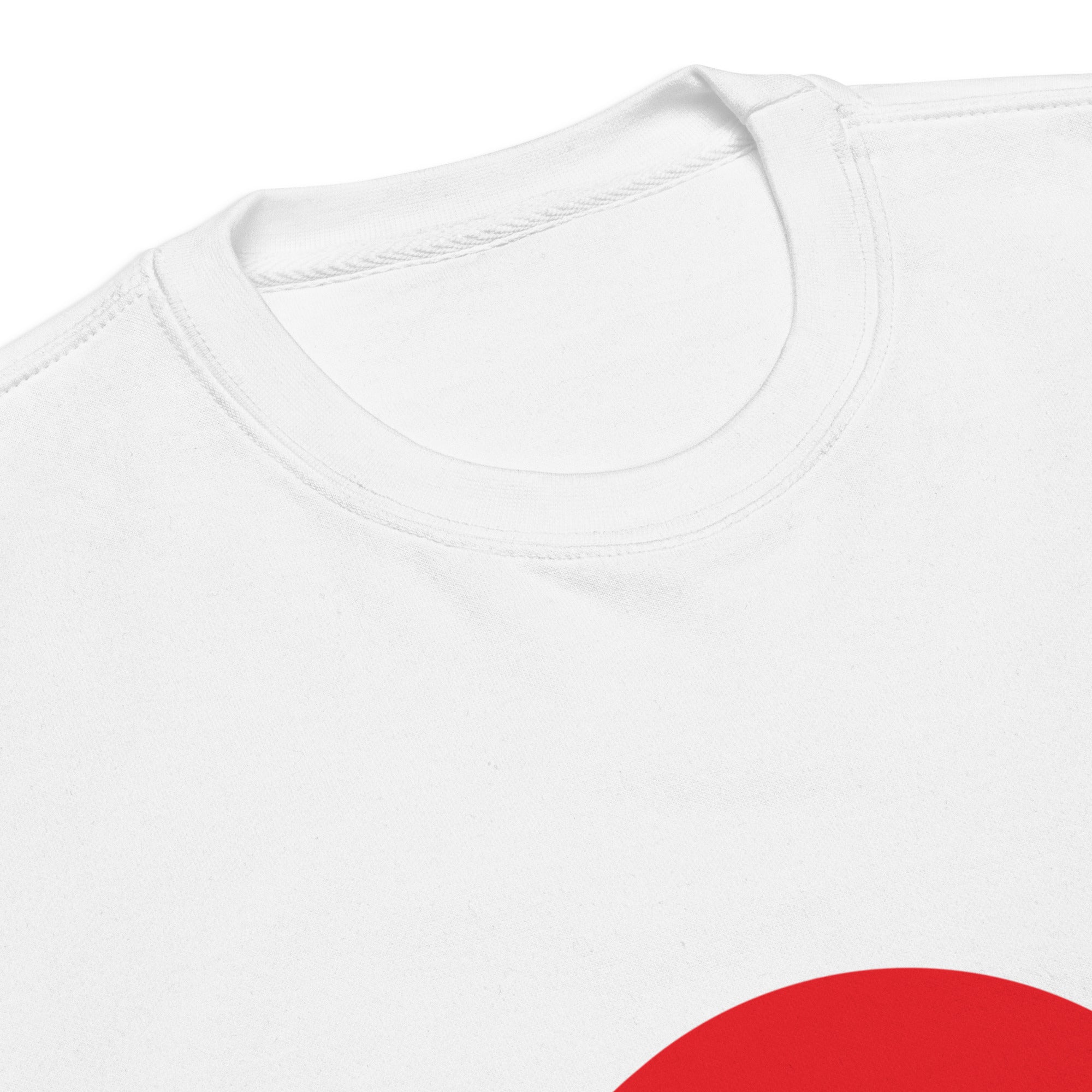 A detailed close-up shot of the white sweatshirt’s ribbed collar and inner neckline stitching.