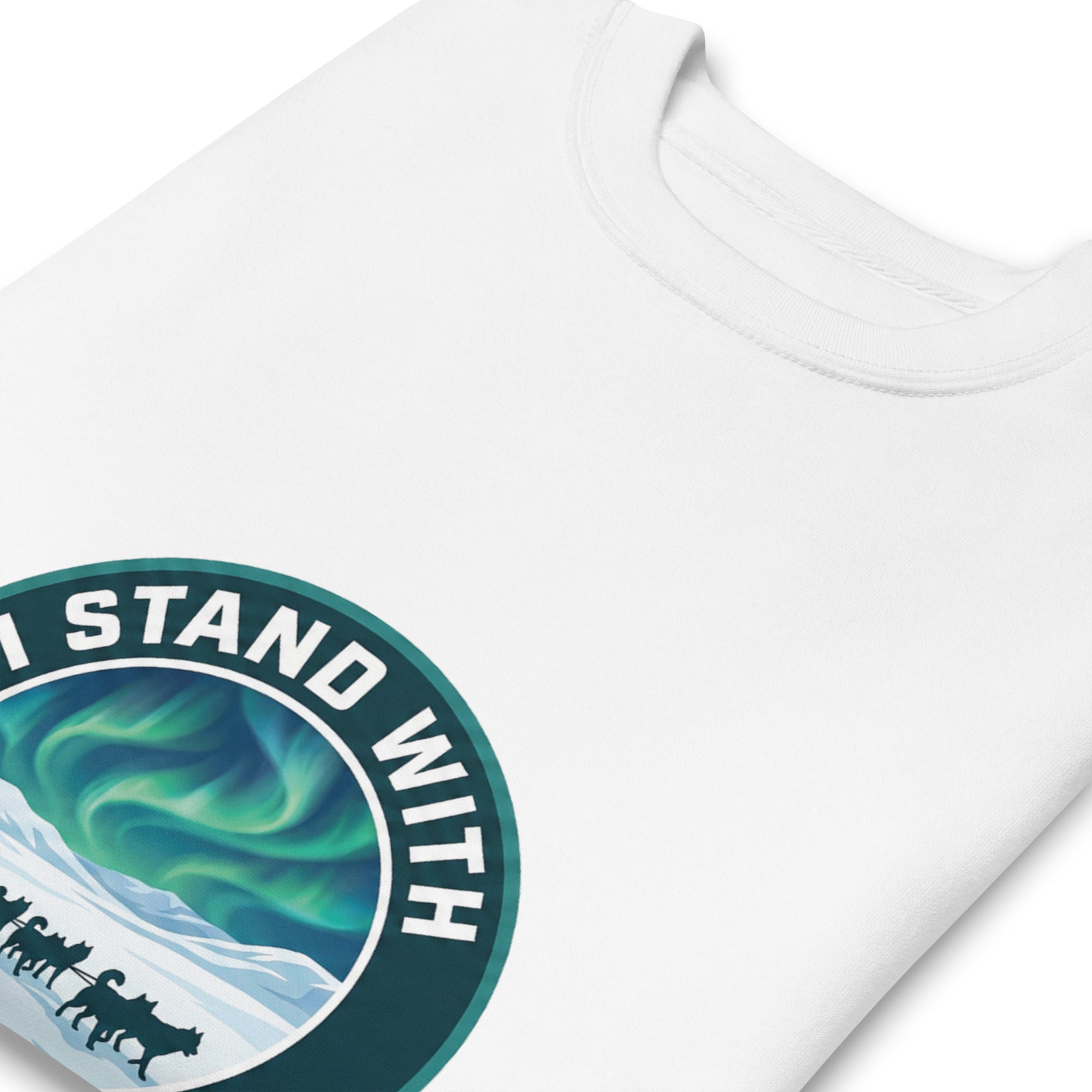 A close-up, high-angle view of the white sweatshirt’s neckline, showing the ribbed collar and the top portion of the colorful "PROTECT THE ARCTIC" circular iceberg emblem.